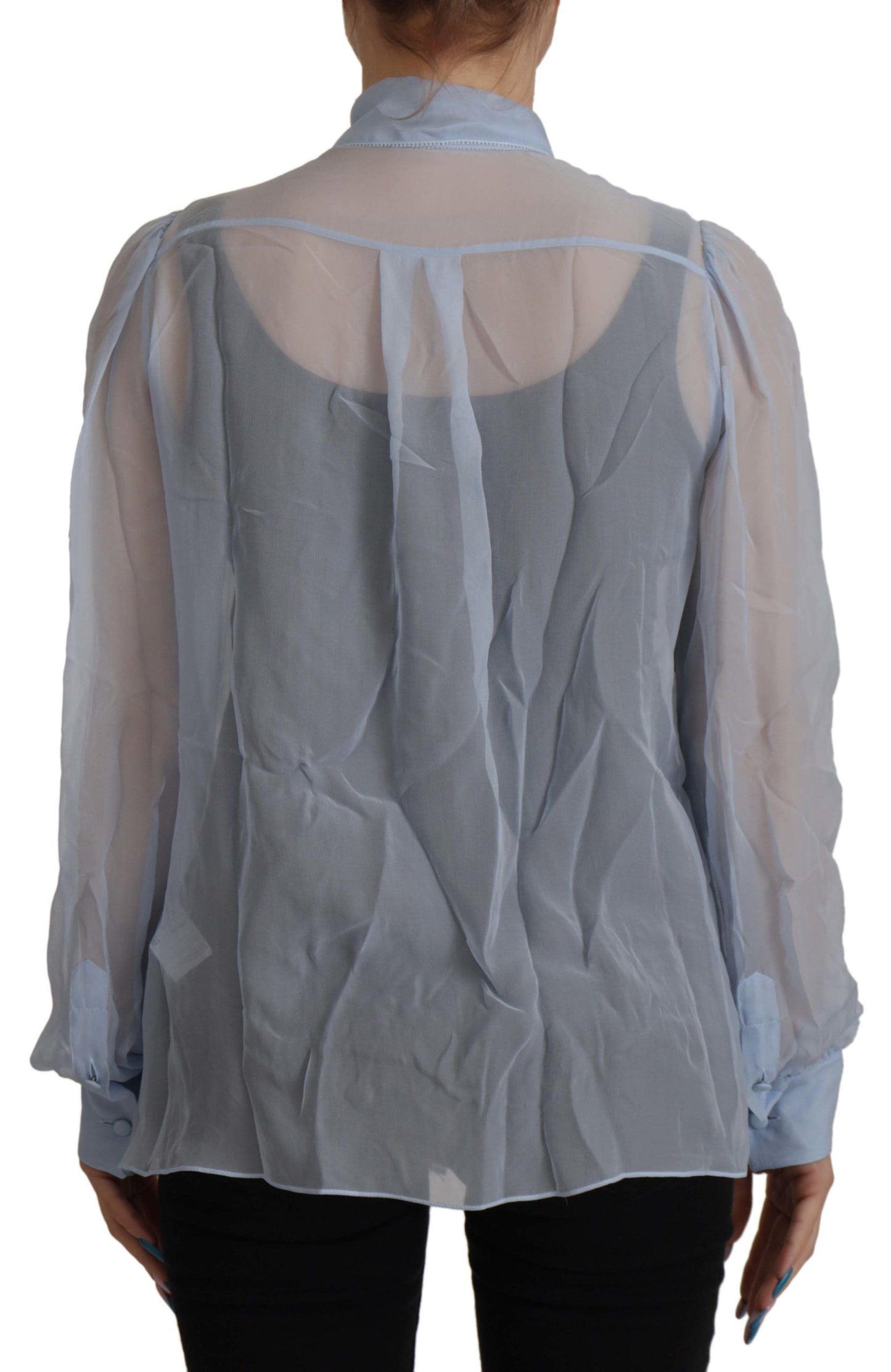 Dolce & Gabbana Elegante Blusa in Seta con Colletto Ascot in Azzurro Chiaro