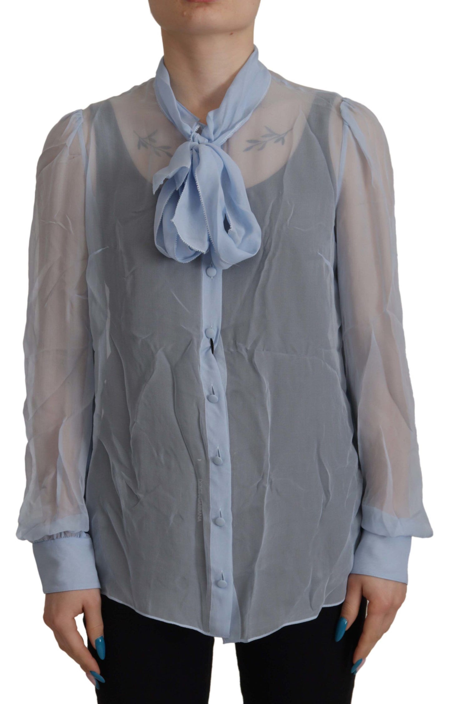 Dolce & Gabbana Elegante Blusa in Seta con Colletto Ascot in Azzurro Chiaro