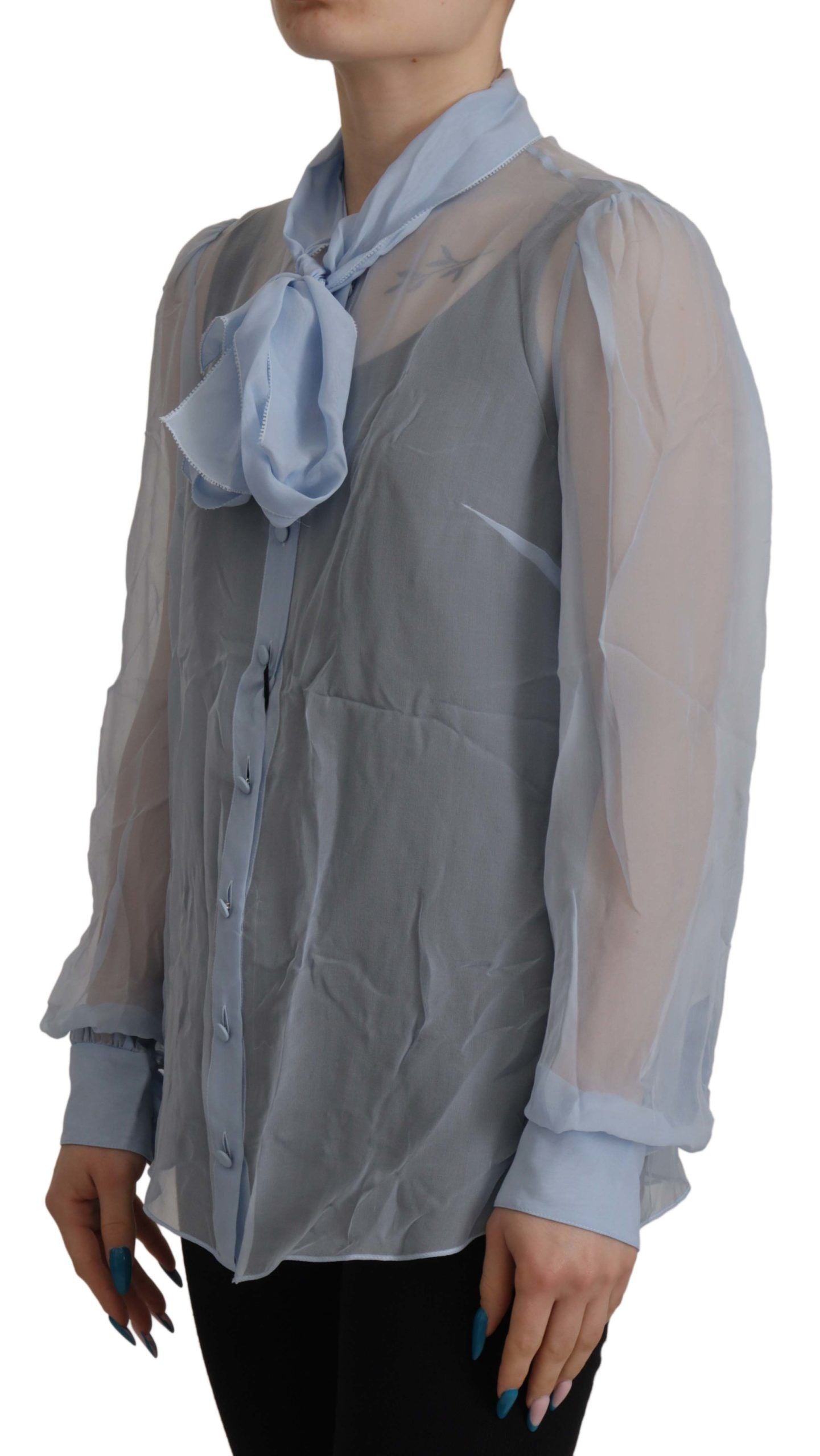 Dolce & Gabbana Elegante Blusa in Seta con Colletto Ascot in Azzurro Chiaro