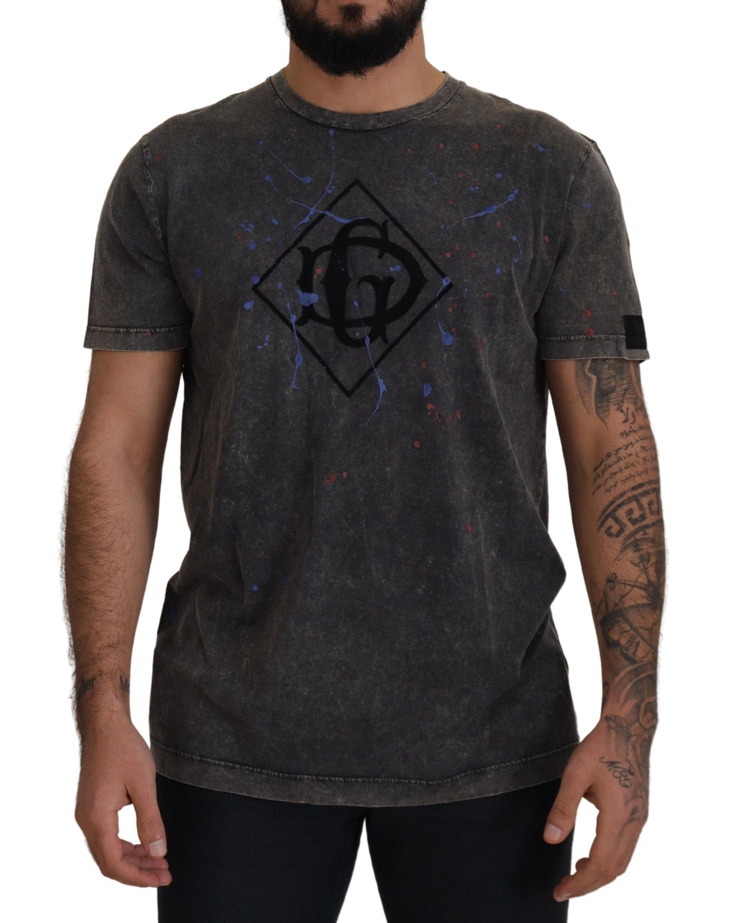 Dolce & Gabbana Elevated Graues Baumwoll-T-Shirt mit verfärbtem DG-Logo
