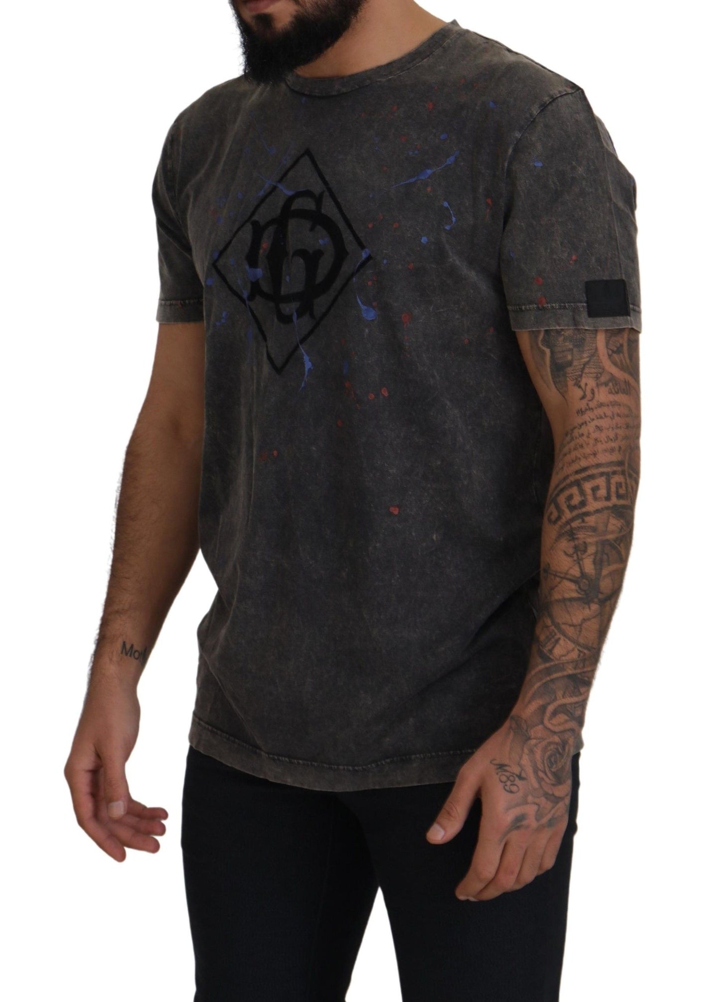 Dolce & Gabbana Elevated Graues Baumwoll-T-Shirt mit verfärbtem DG-Logo
