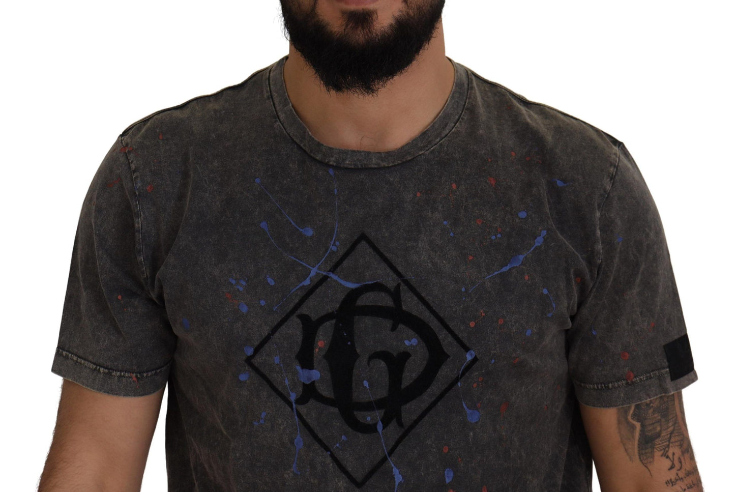 Dolce & Gabbana Elevated Graues Baumwoll-T-Shirt mit verfärbtem DG-Logo