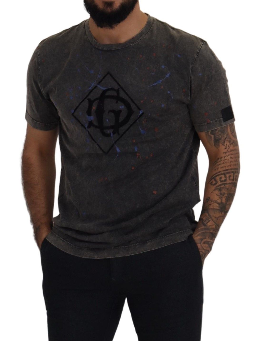 Dolce & Gabbana Elevated Graues Baumwoll-T-Shirt mit verfärbtem DG-Logo