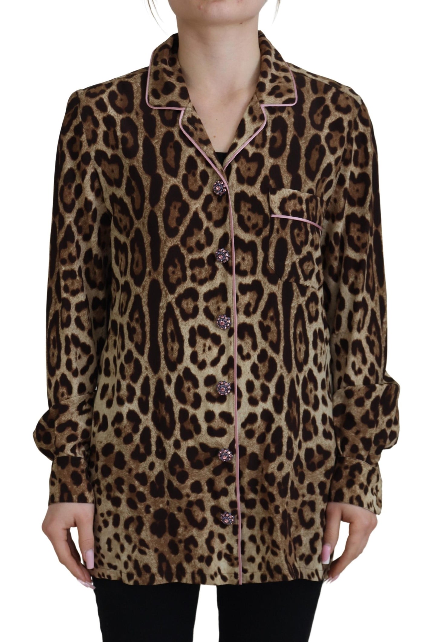 Dolce & Gabbana Elegante Top in Seta con Stampa Leopardata e Colletto