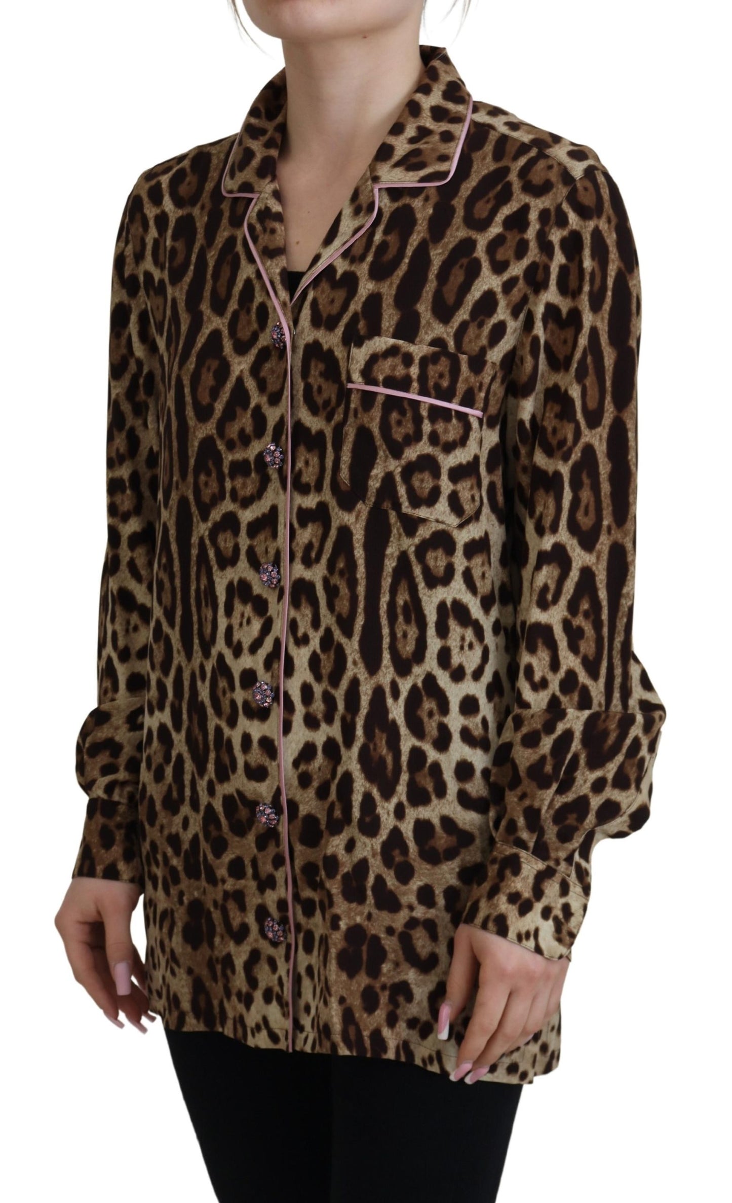 Dolce & Gabbana Elegante Top in Seta con Stampa Leopardata e Colletto