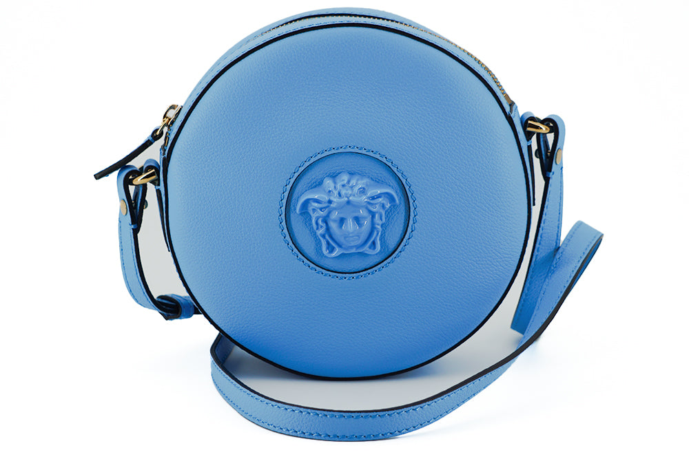 Runde Umhängetasche aus blauem Versace-Chic-Leder