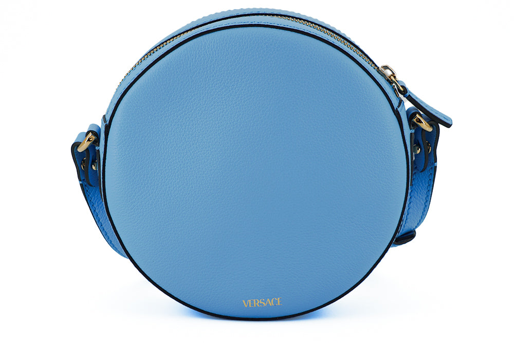 Runde Umhängetasche aus blauem Versace-Chic-Leder