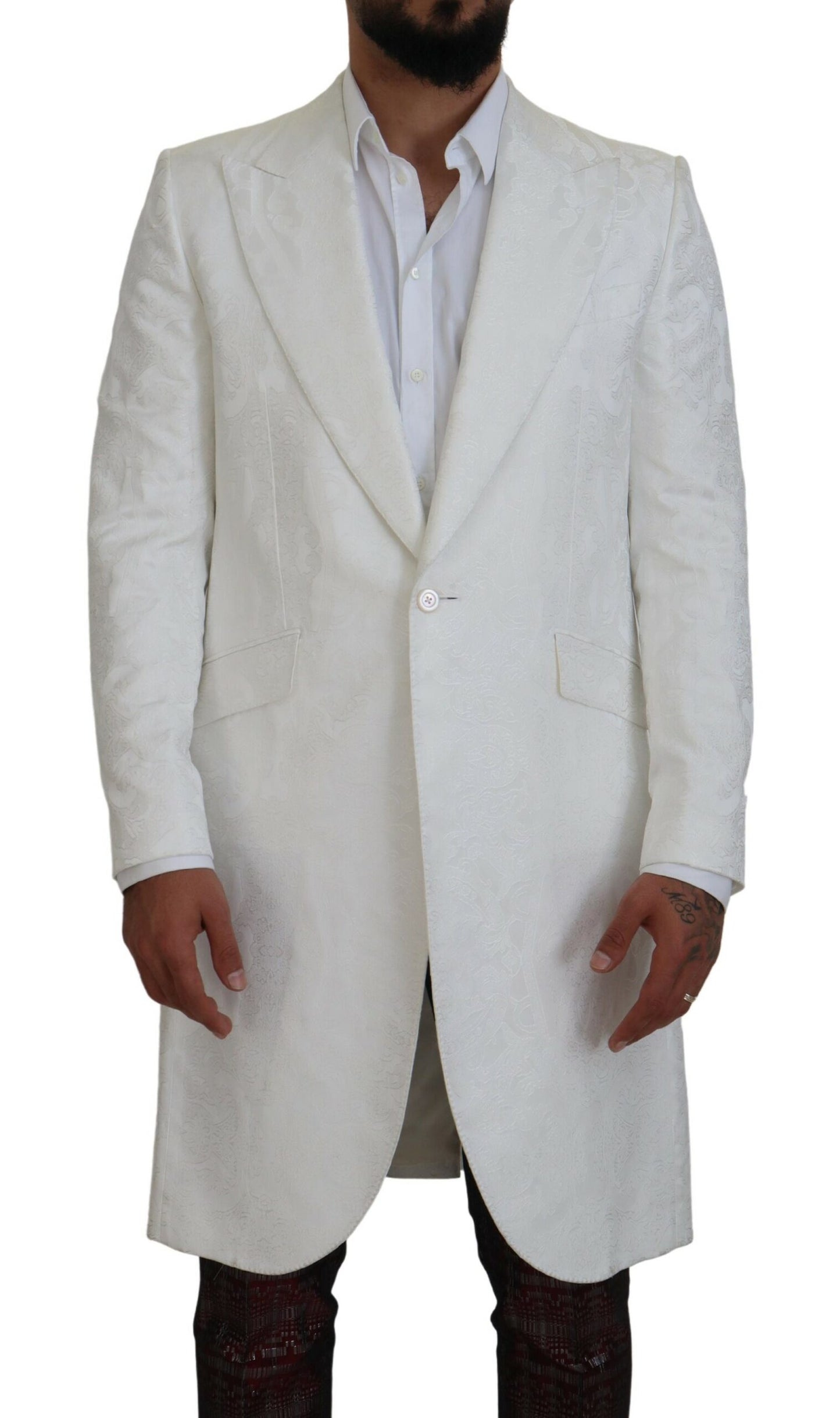 Dolce & Gabbana Elegante Trench Bianco in Broccato Floreale