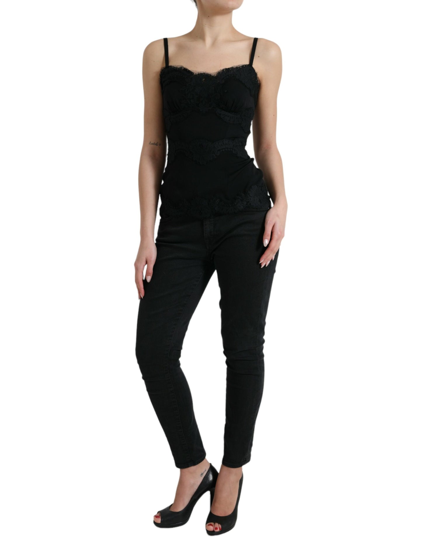 Canotta elegante in pizzo di seta nero Dolce & Gabbana