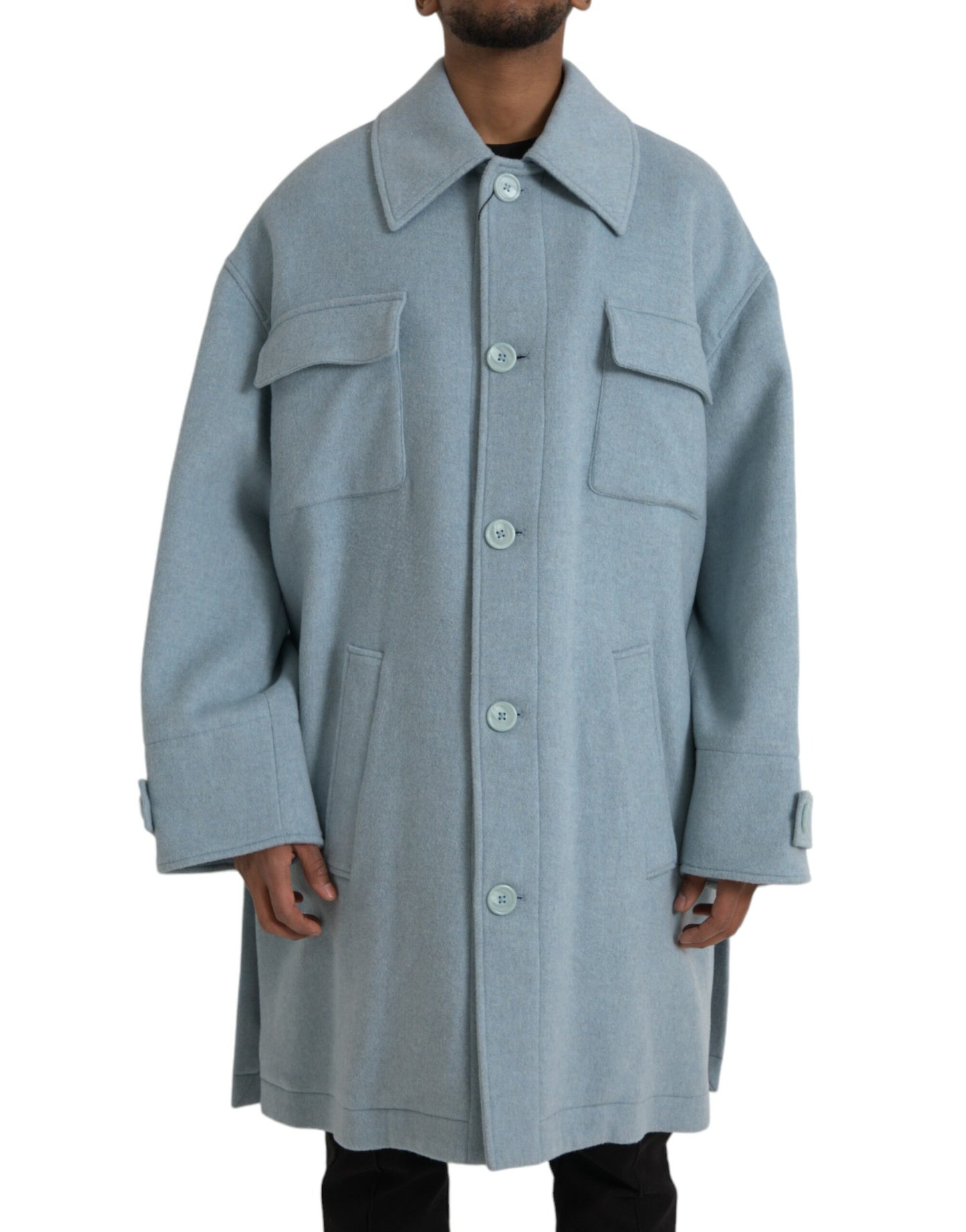 Dolce & Gabbana – Hellblaue Trenchcoat-Jacke aus Wolle mit Knöpfen