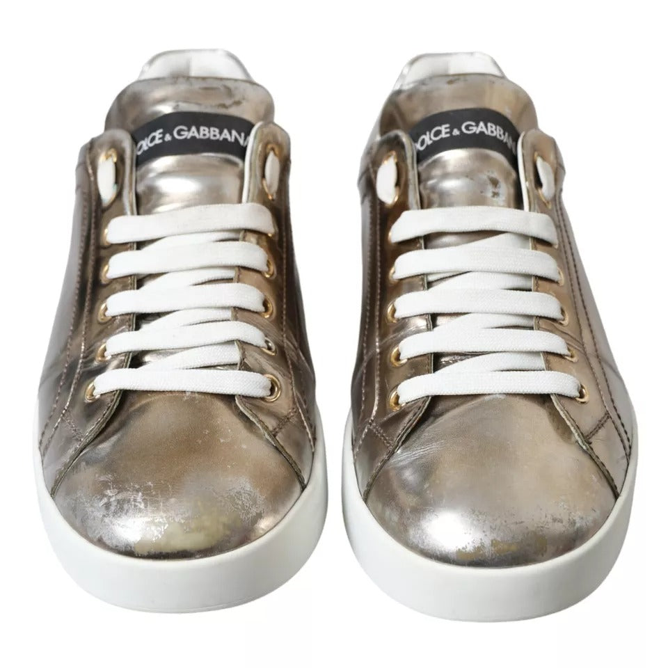 Dolce & Gabbana – Portofino-Sneaker aus bronzefarbenem Leder mit Logo