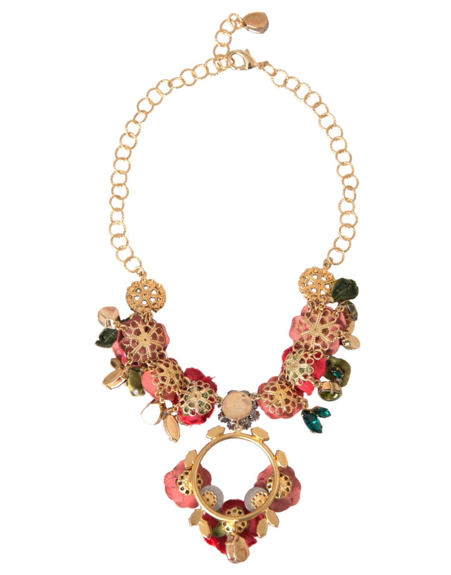 Dolce & Gabbana – Halskette mit Gliederkette aus goldenem Messing und Rosenblüten-Kristallanhänger