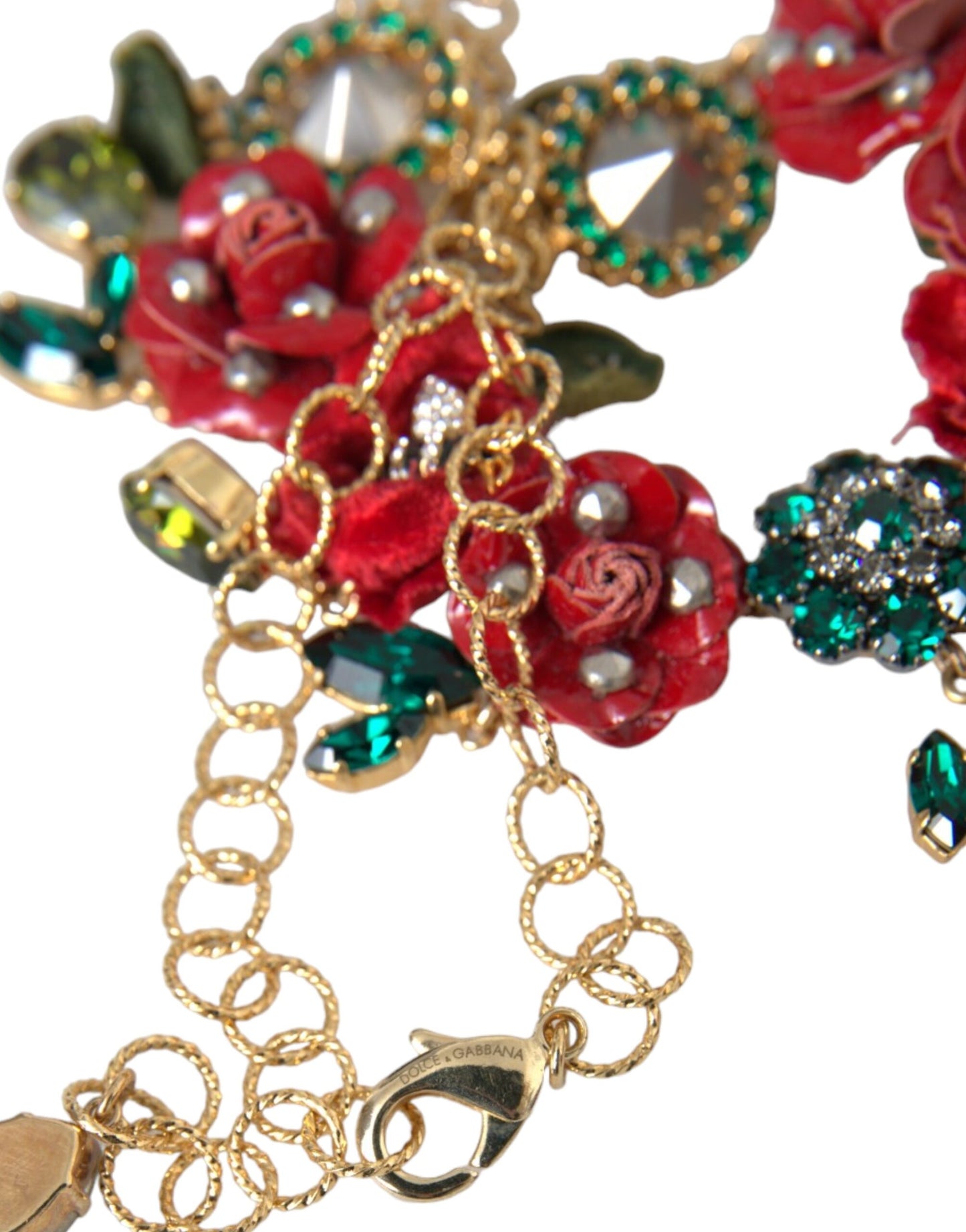 Dolce & Gabbana – Halskette mit Gliederkette aus goldenem Messing und Rosenblüten-Kristallanhänger