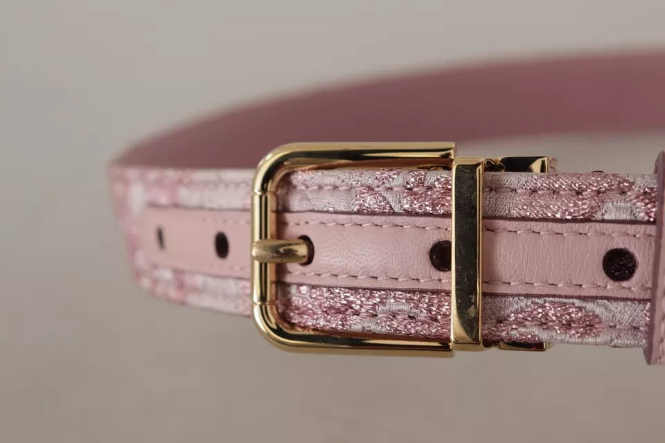 Dolce & Gabbana – Rosafarbener Gürtel mit goldfarbener Metallschnalle und Jquard-Stickerei