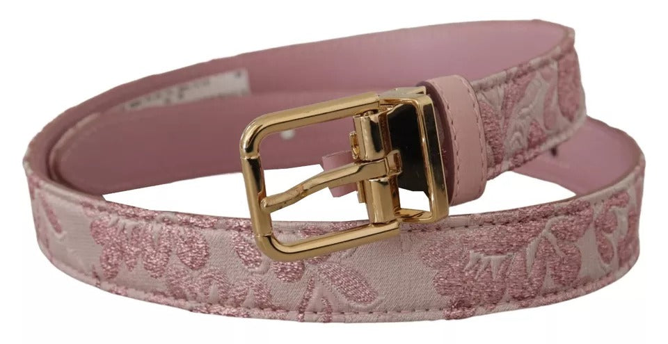 Dolce & Gabbana – Rosafarbener Gürtel mit goldfarbener Metallschnalle und Jquard-Stickerei