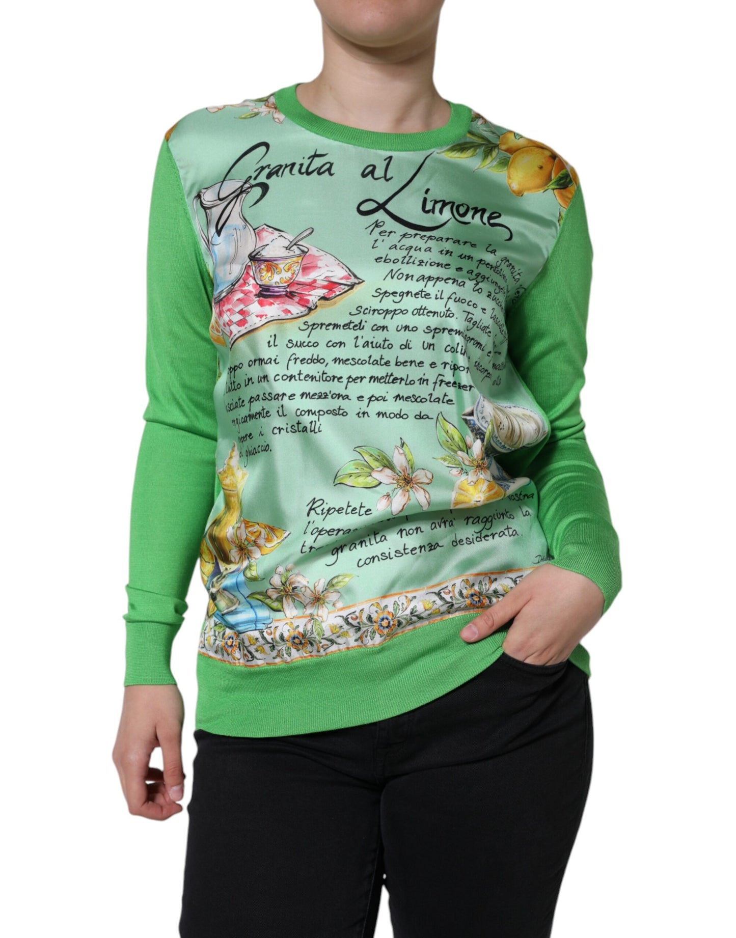 Dolce & Gabbana Green Silk Lemon Granita Long Sleeves Sweater