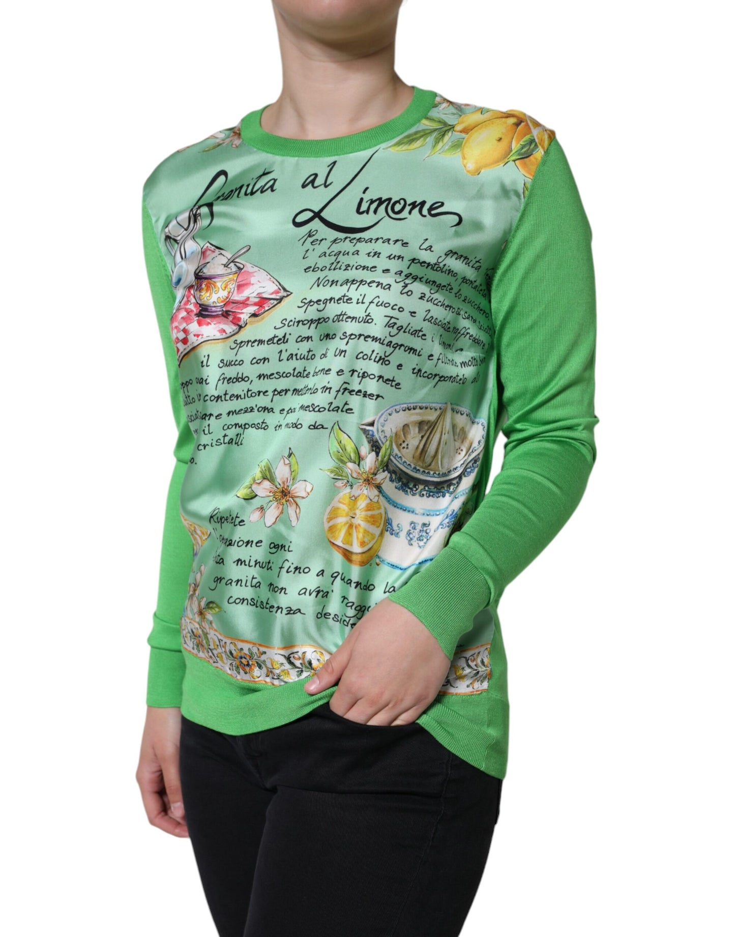 Dolce & Gabbana Green Silk Lemon Granita Long Sleeves Sweater