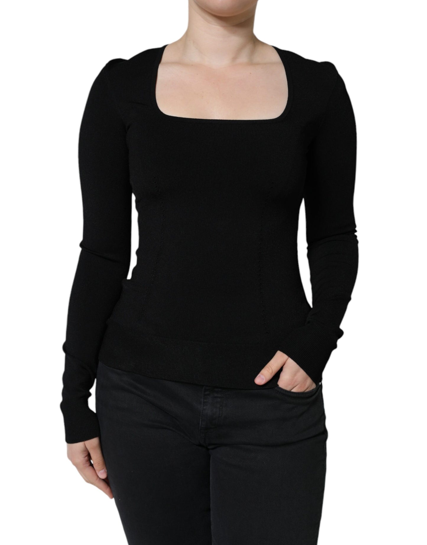 Dolce & Gabbana Blusa nera a maniche lunghe con scollo quadrato