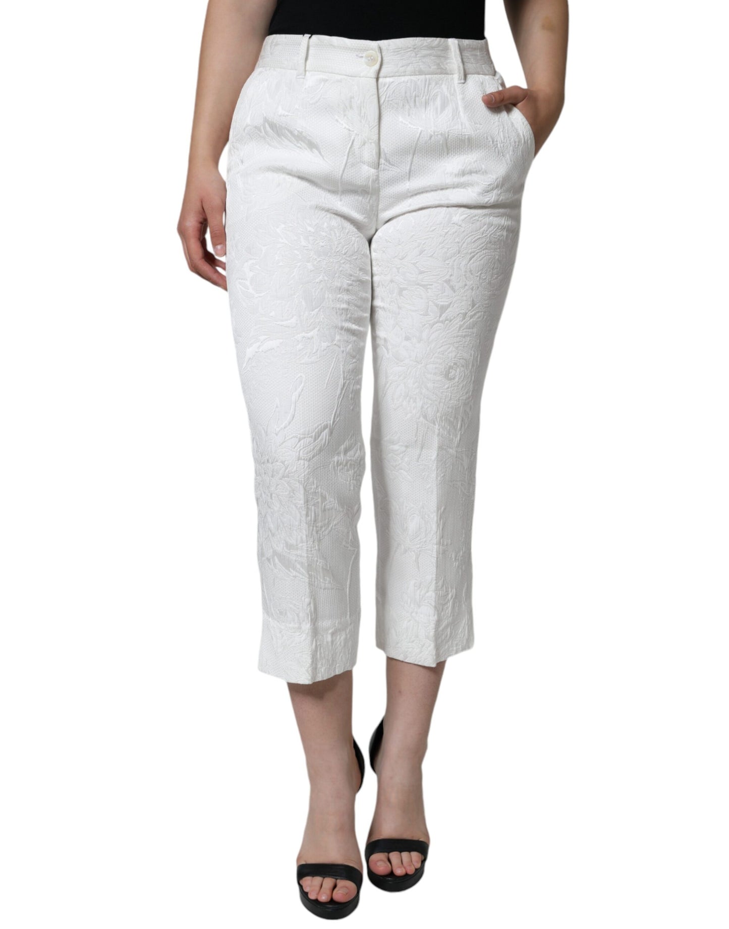 Pantaloni cropped in broccato di cotone floreale bianco Dolce & Gabbana