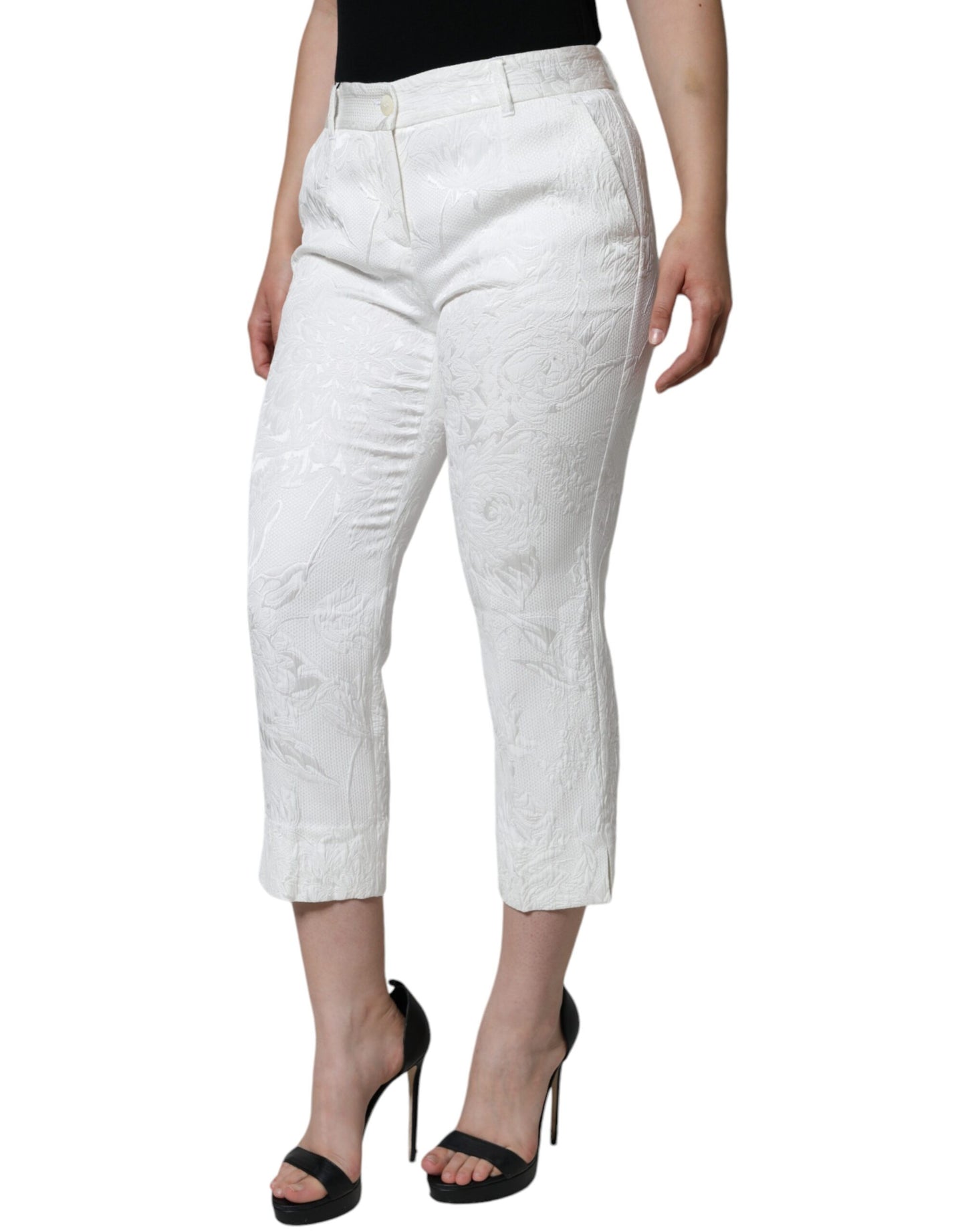 Pantaloni cropped in broccato di cotone floreale bianco Dolce & Gabbana