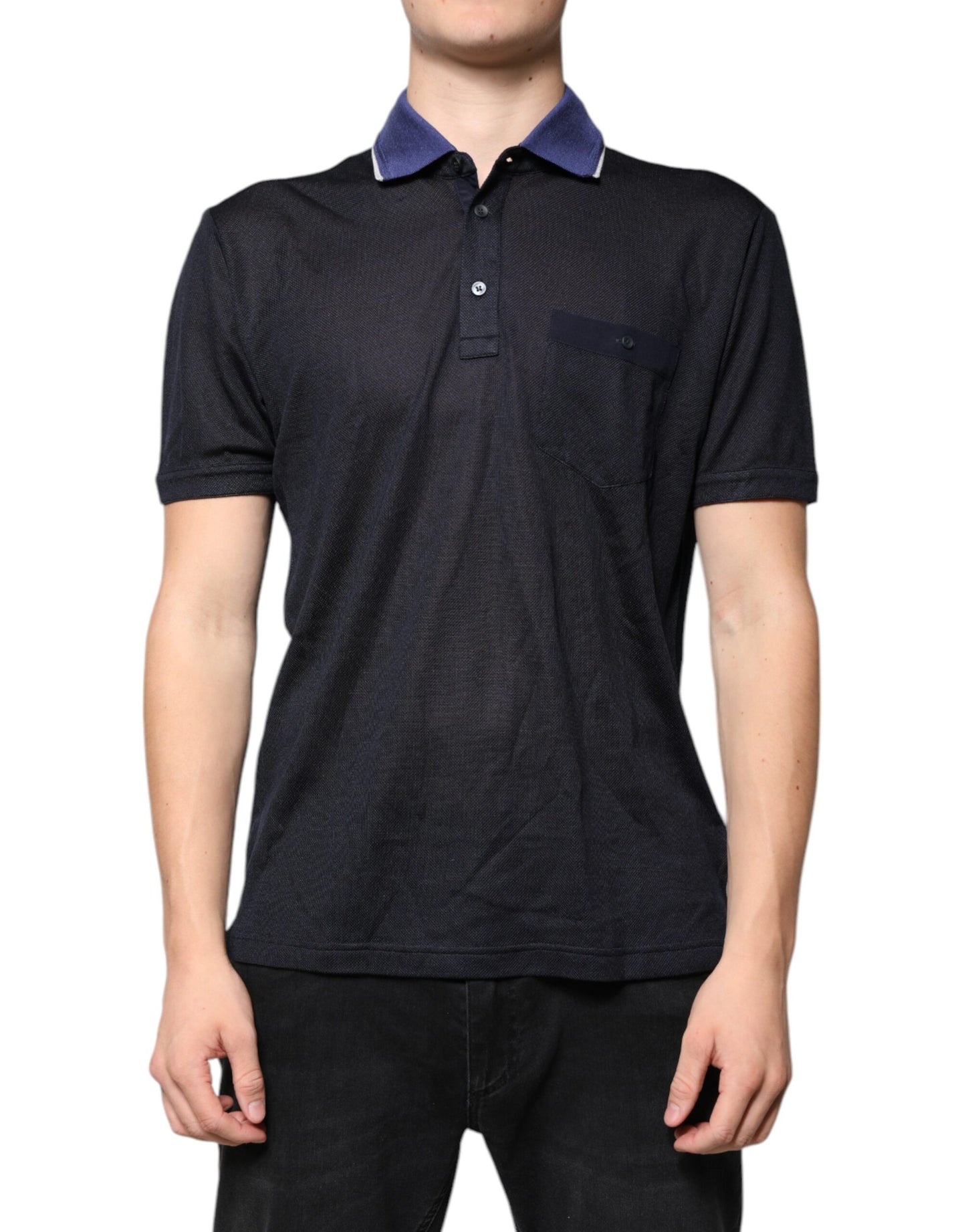 Dolce & Gabbana – Blaues Polo-T-Shirt aus Seide mit Kragen und kurzen Ärmeln