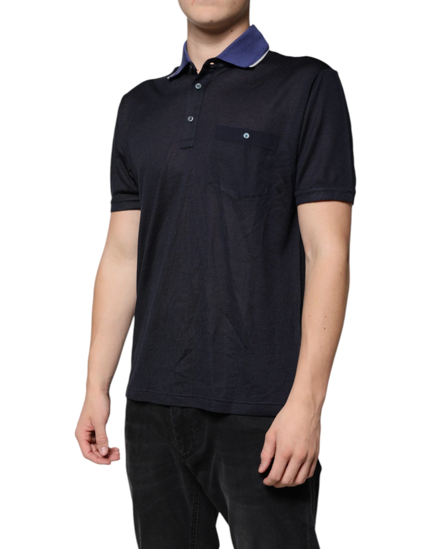 Dolce & Gabbana – Blaues Polo-T-Shirt aus Seide mit Kragen und kurzen Ärmeln