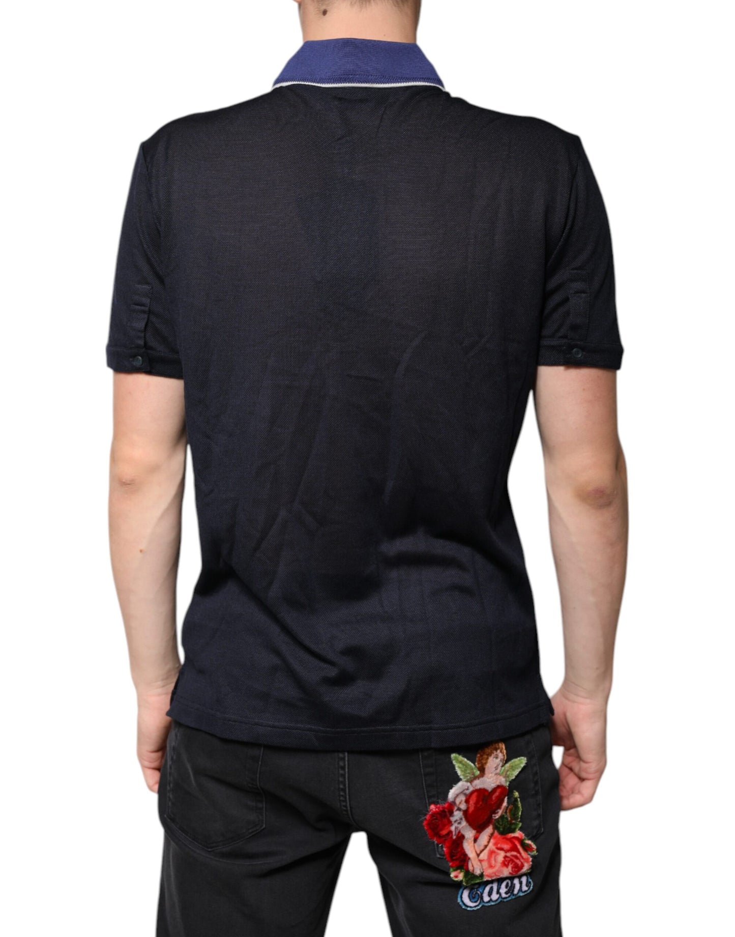Dolce & Gabbana – Blaues Polo-T-Shirt aus Seide mit Kragen und kurzen Ärmeln