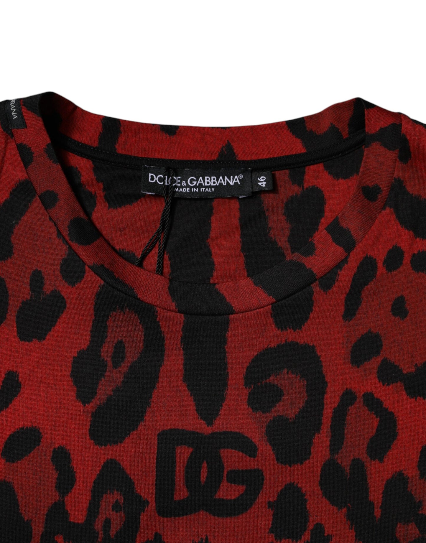 Dolce & Gabbana Rotes Kurzarm-T-Shirt aus Baumwolle mit Leopardenmuster