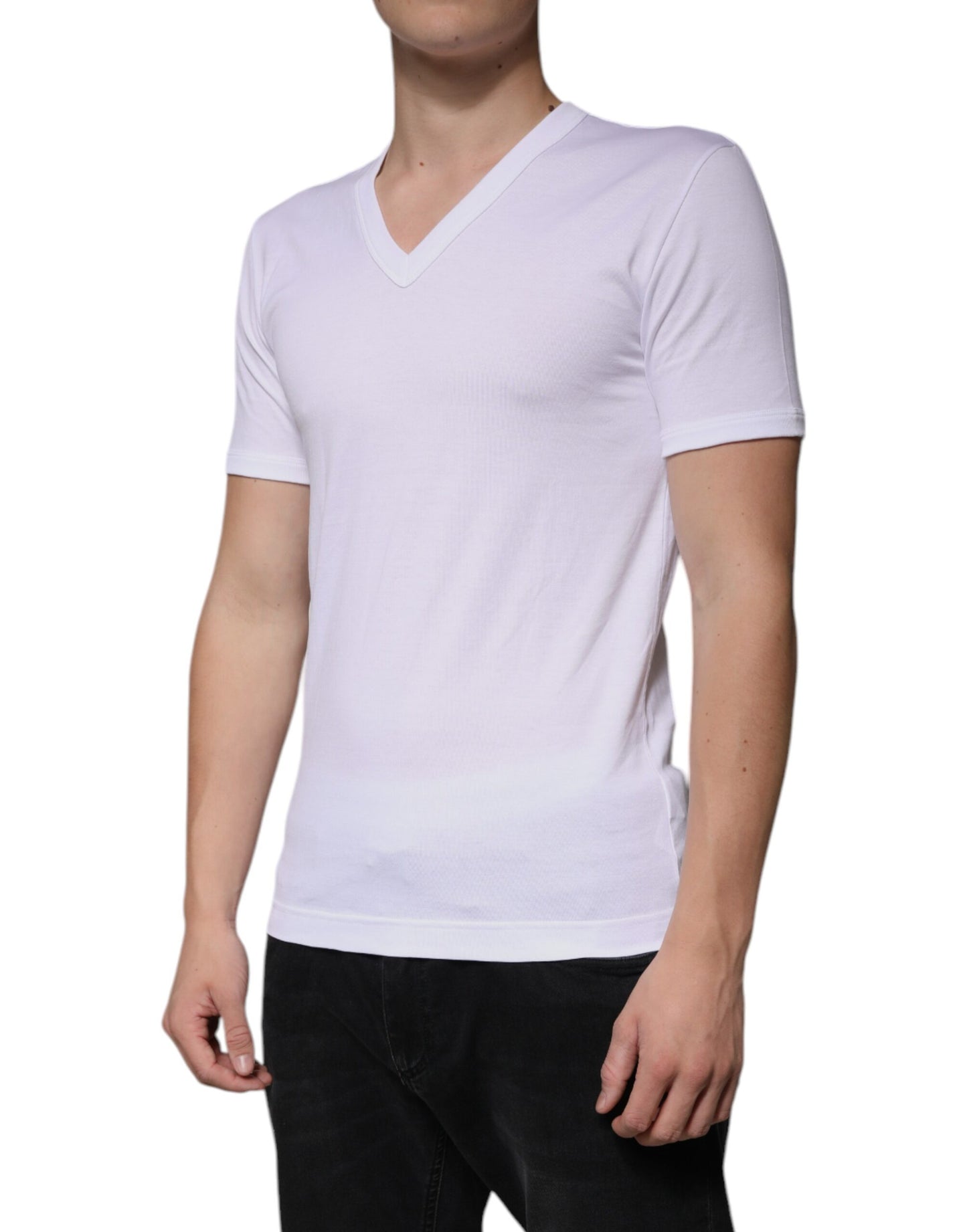 Dolce & Gabbana – Weißes T-Shirt aus Baumwolle mit V-Ausschnitt und kurzen Ärmeln