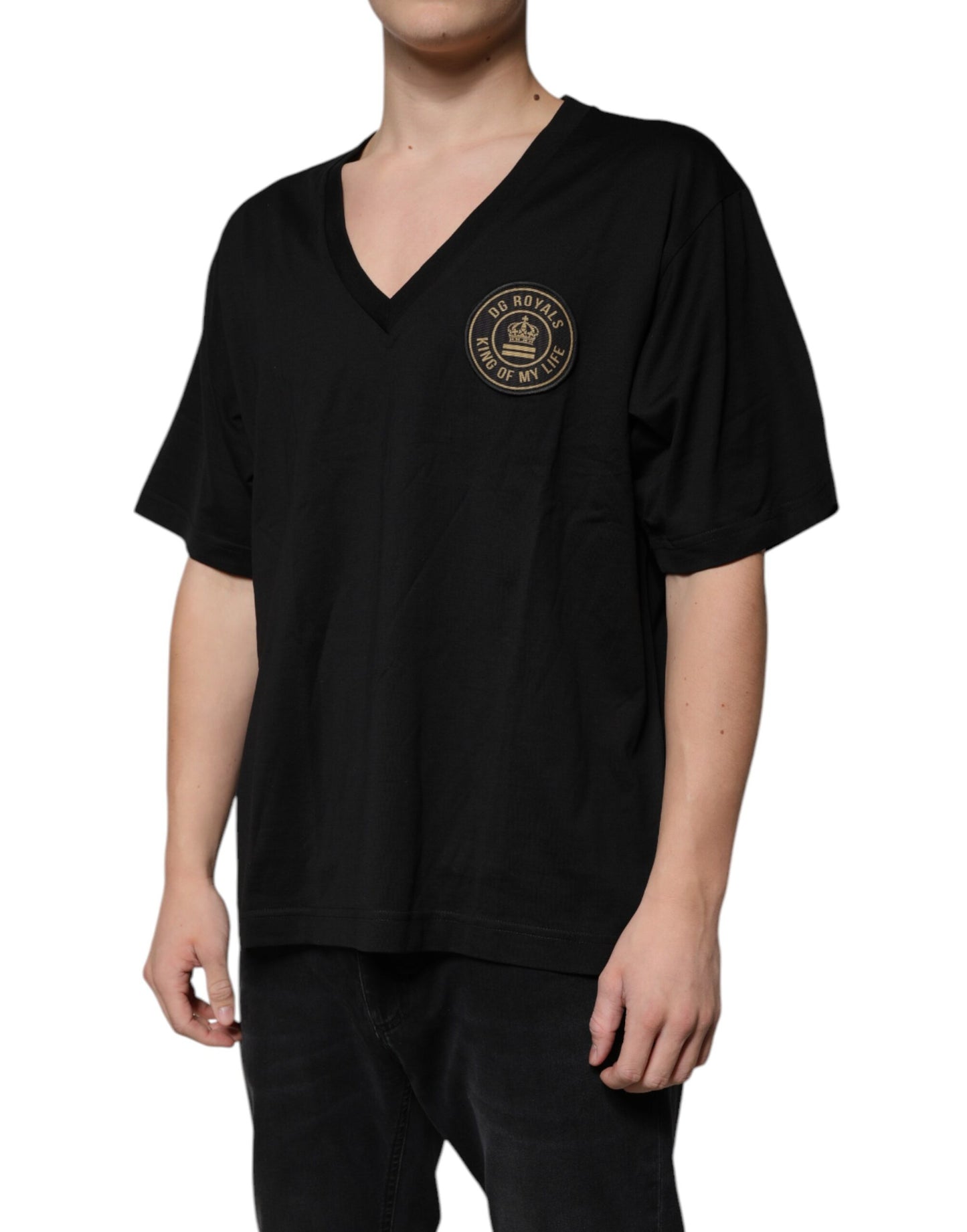 Dolce & Gabbana – Schwarzes, kurzärmliges T-Shirt mit V-Ausschnitt und Logo aus Baumwolle