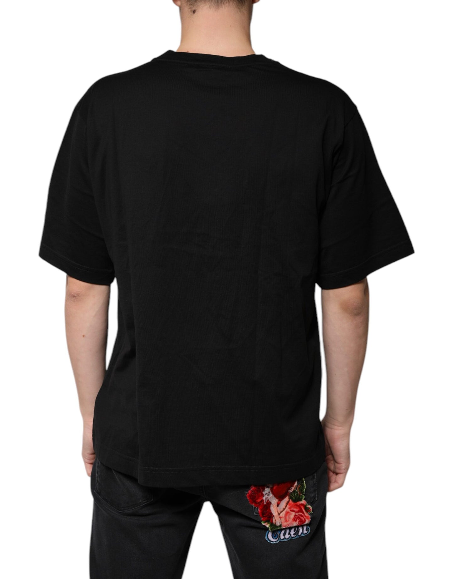 Dolce & Gabbana – Schwarzes, kurzärmliges T-Shirt mit V-Ausschnitt und Logo aus Baumwolle