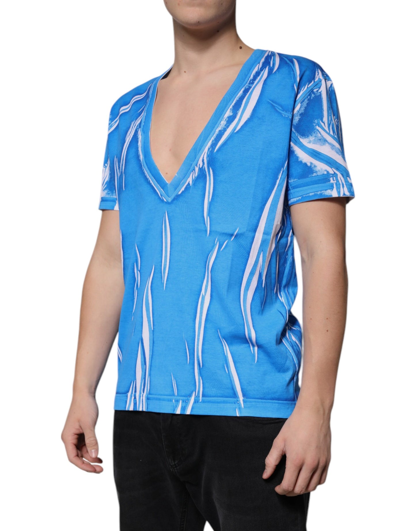 Dolce & Gabbana – Blaues T-Shirt aus Baumwolle mit V-Ausschnitt und kurzen Ärmeln
