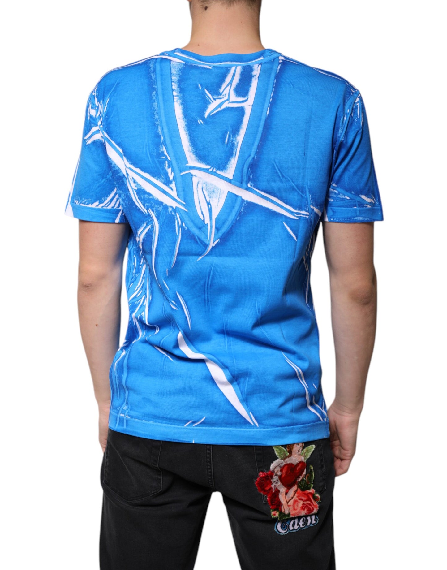 Dolce & Gabbana – Blaues T-Shirt aus Baumwolle mit V-Ausschnitt und kurzen Ärmeln