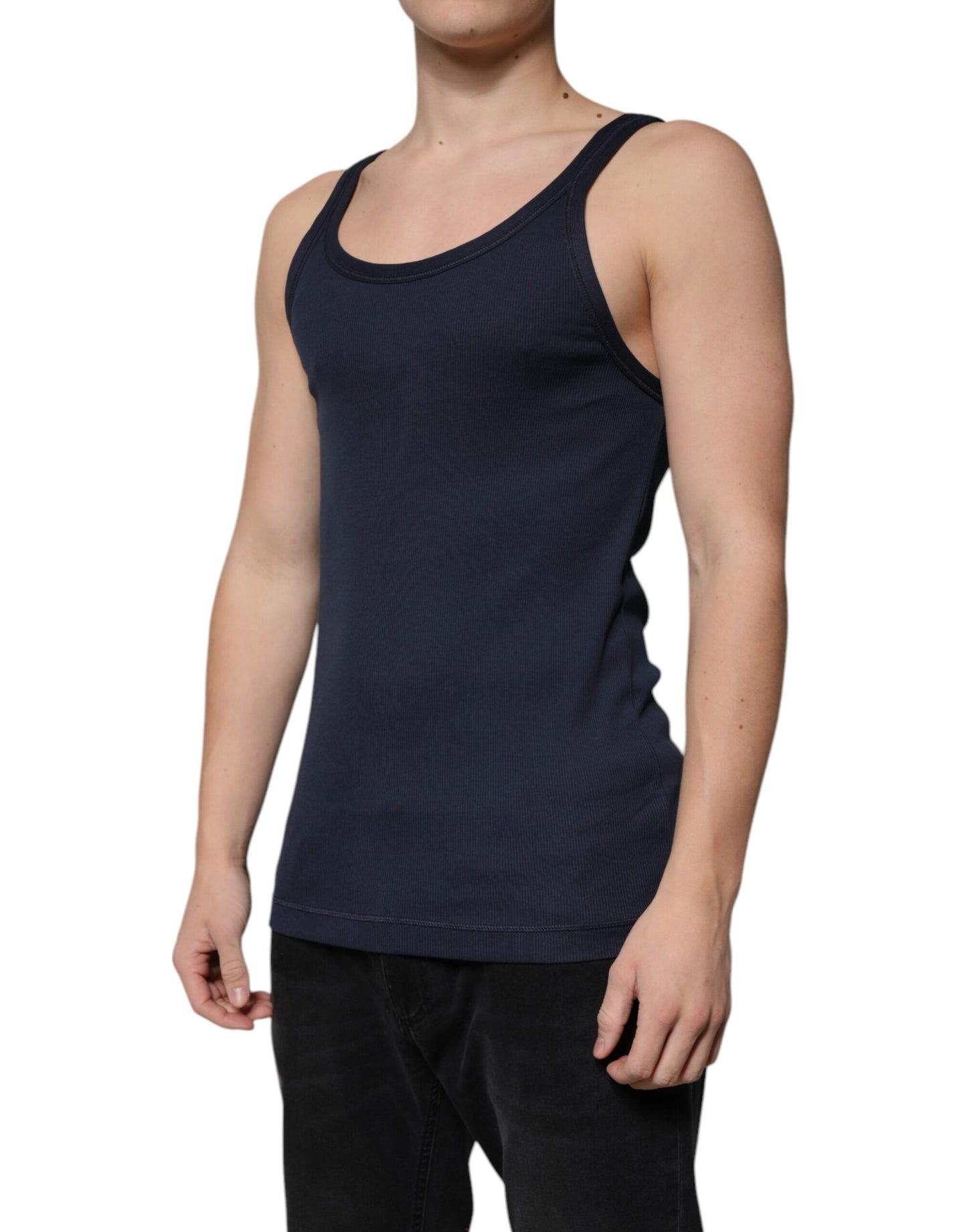 Dolce & Gabbana – Ärmelloses Tank-T-Shirt aus Baumwolle mit Rundhalsausschnitt in Blau