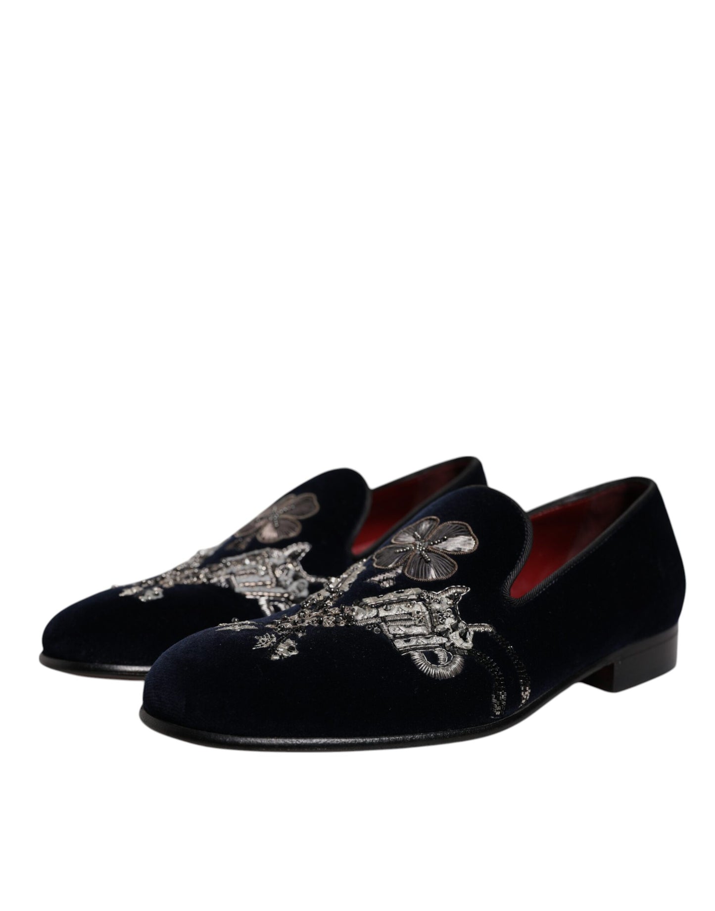 Dolce & Gabbana – Loafer aus schwarzem Samt mit Blumenmuster und Pistolenmotiv