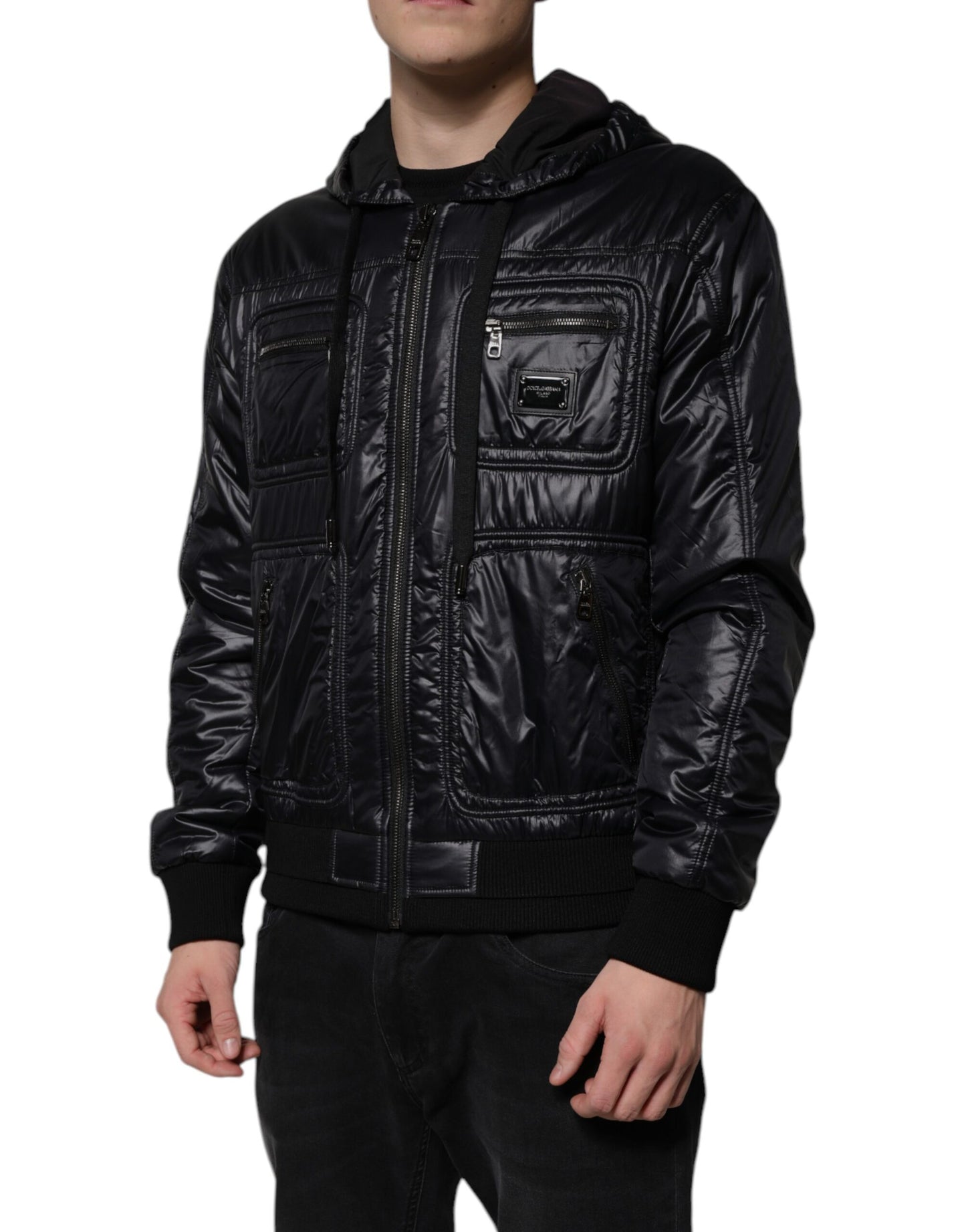 Giacca Dolce & Gabbana in nylon nero con cappuccio e cerniera intera