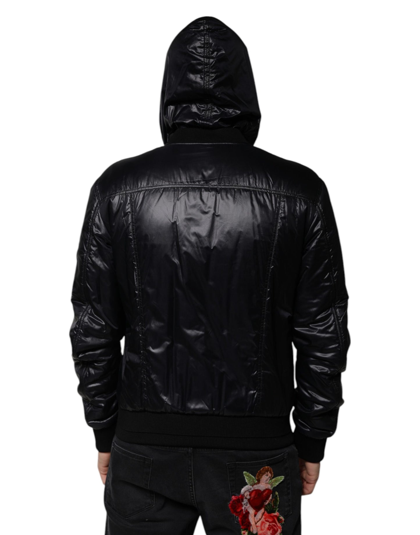 Giacca Dolce & Gabbana in nylon nero con cappuccio e cerniera intera