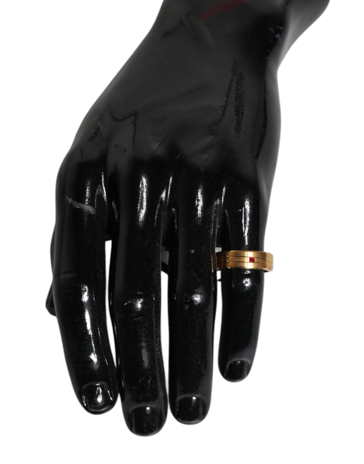 Dolce & Gabbana – Goldfarbener Messingring mit DG-Logo und rotem Kristall