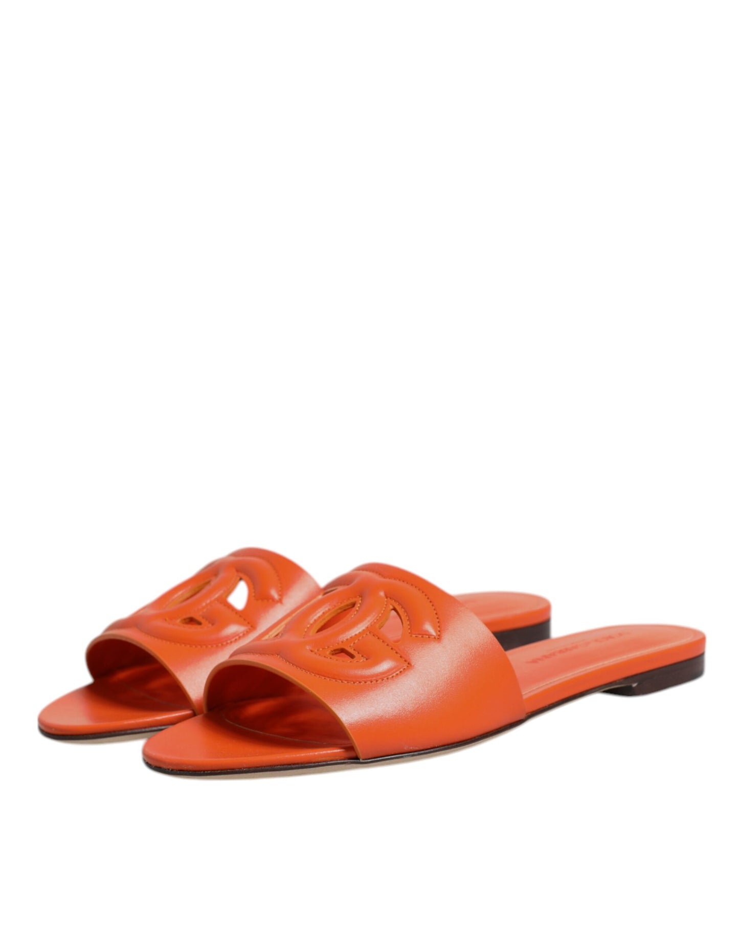 Dolce & Gabbana – Flache Sandalen mit Logo aus orangefarbenem Leder