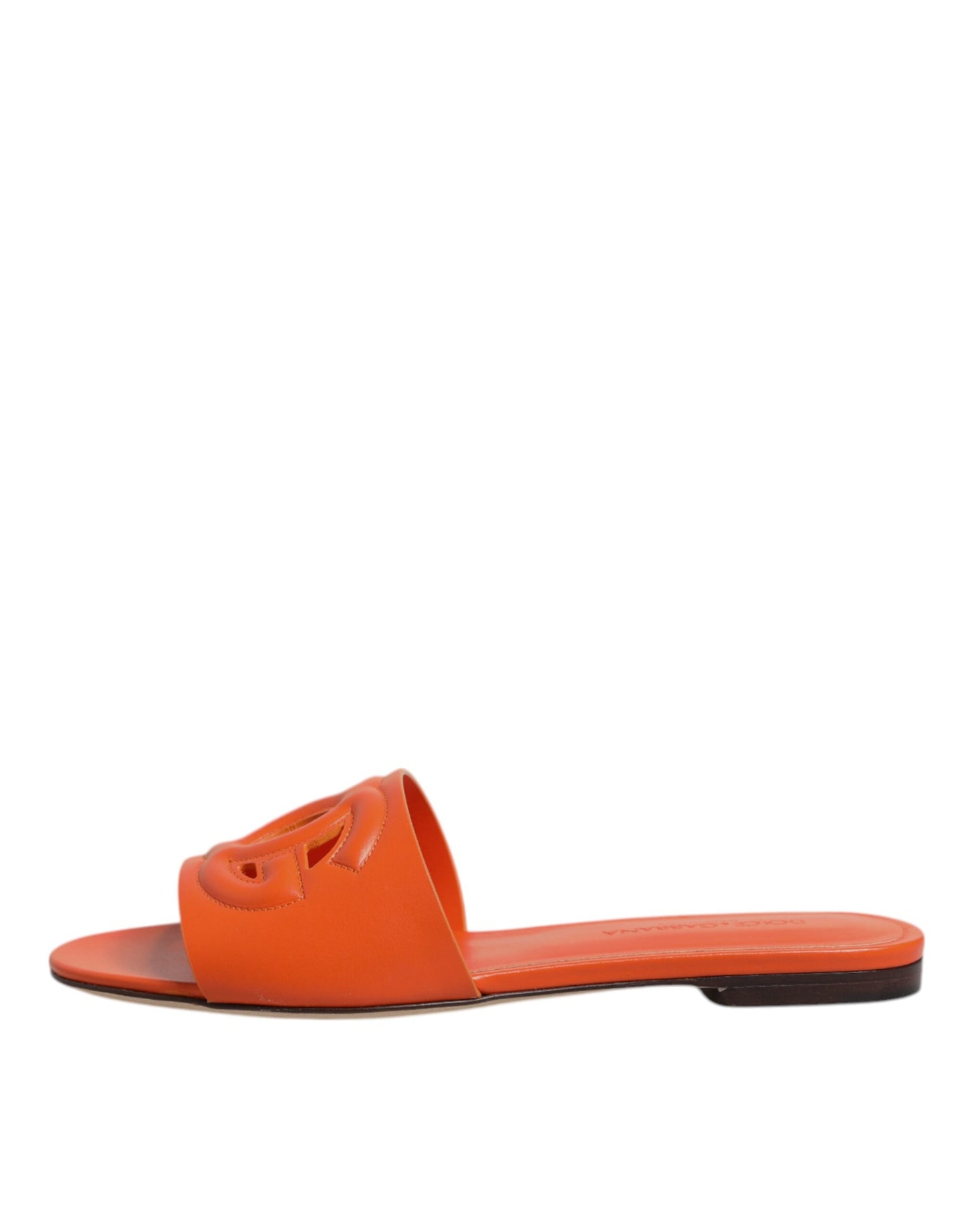 Dolce & Gabbana – Flache Sandalen mit Logo aus orangefarbenem Leder