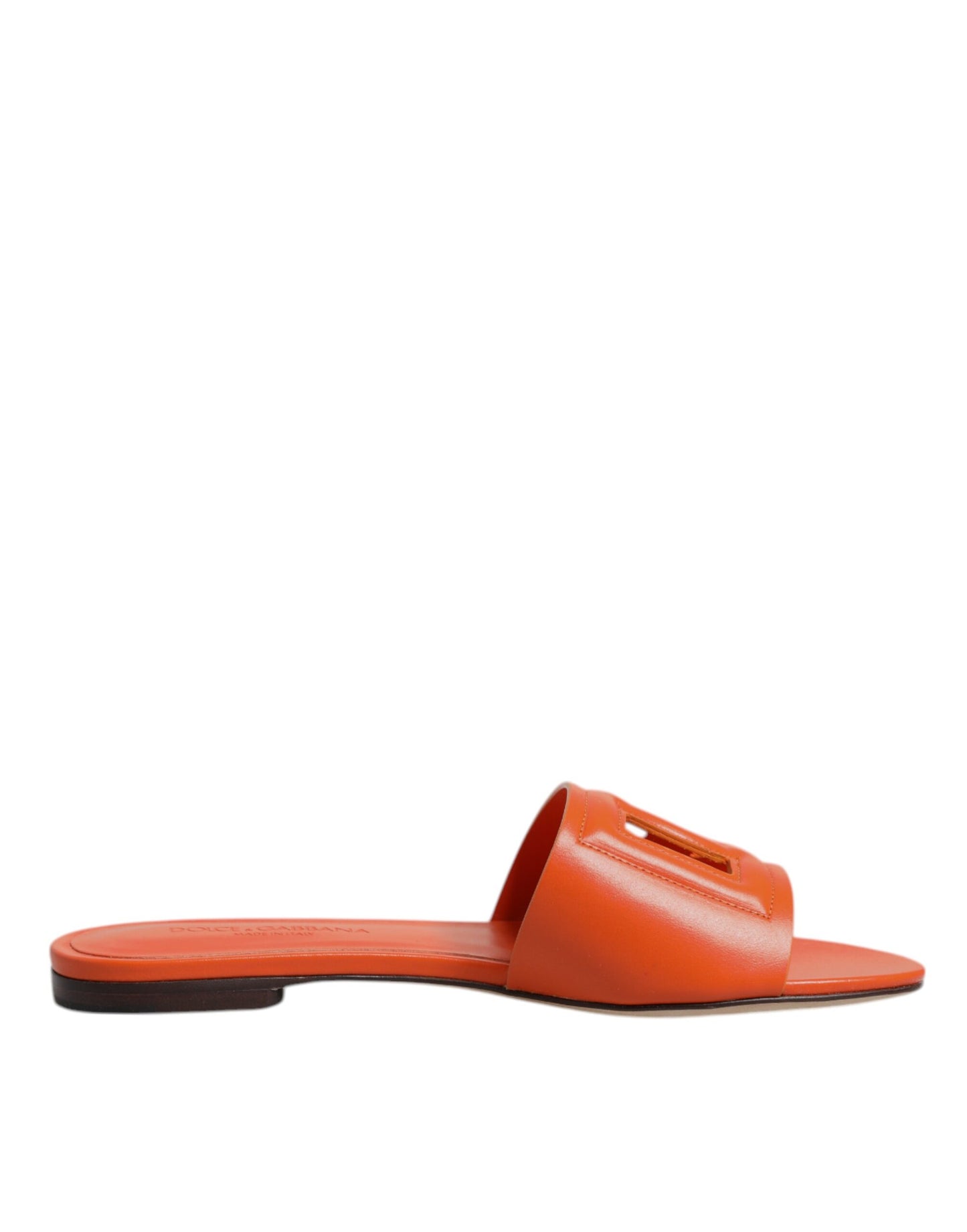 Dolce & Gabbana – Flache Sandalen mit Logo aus orangefarbenem Leder