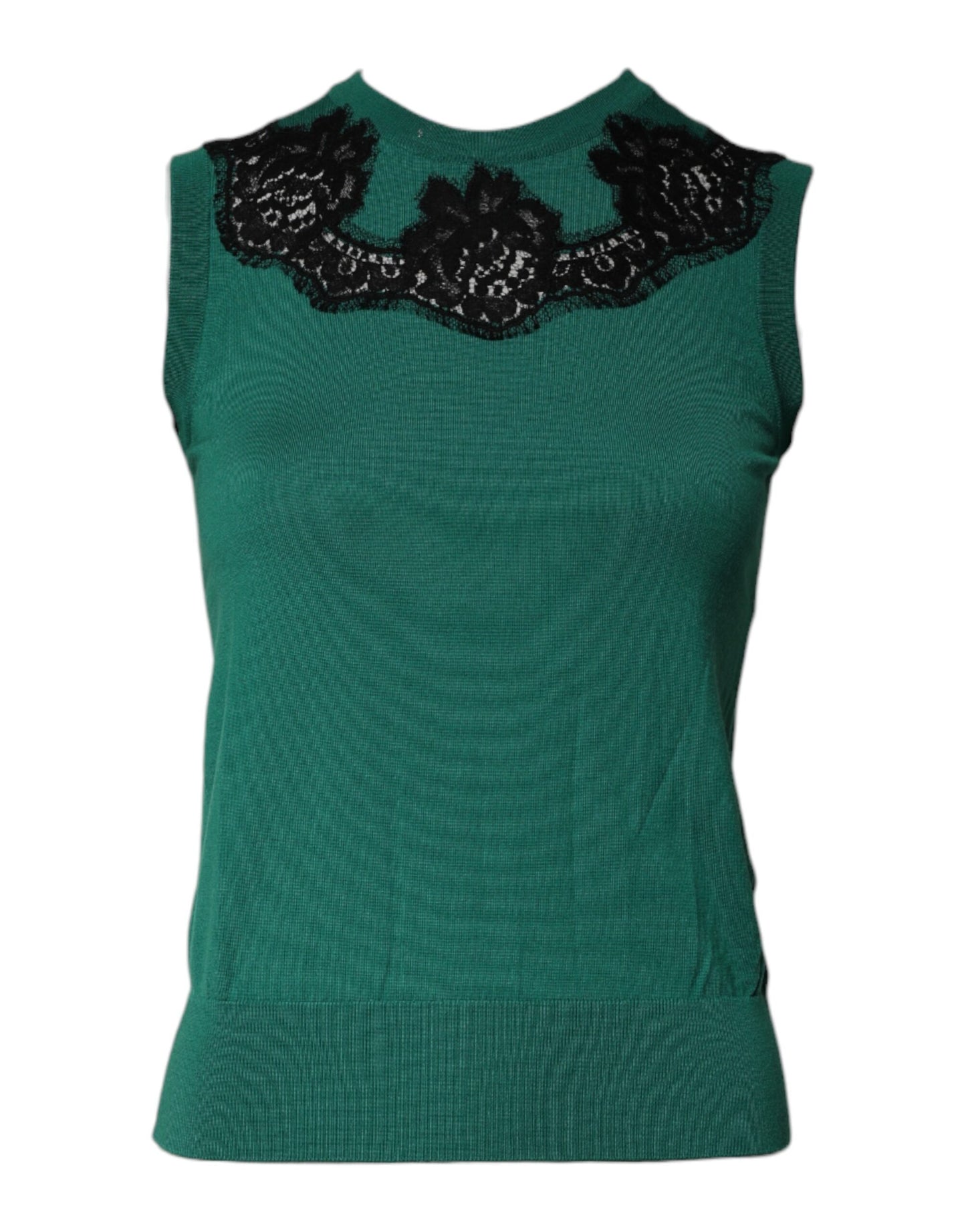 Dolce & Gabbana, grünes ärmelloses Tanktop aus Wolle mit Spitzendetail
