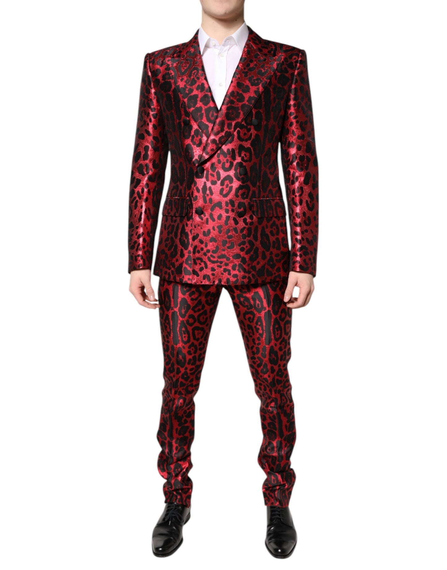 Dolce & Gabbana – Zweireihiger, zweiteiliger Anzug mit rotem Leopardenmuster