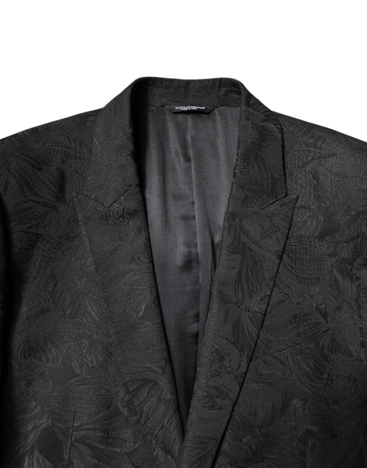 Dolce & Gabbana – Schwarzer, zweiteiliger Anzug aus Polyester-Jacquard mit Blumenmuster