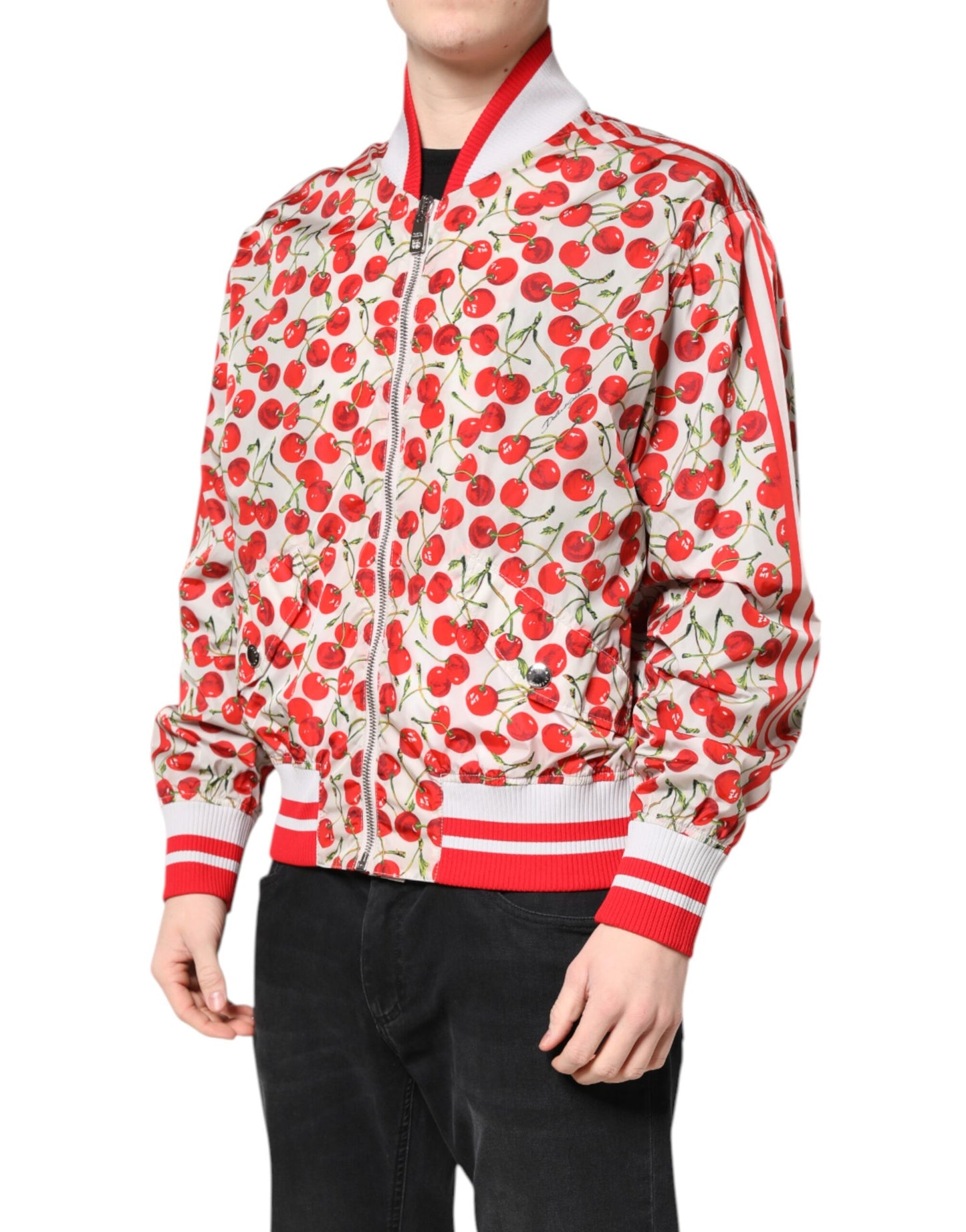 Dolce & Gabbana – Bomberjacke mit durchgehendem Reißverschluss und Kirschen-Print in Weiß