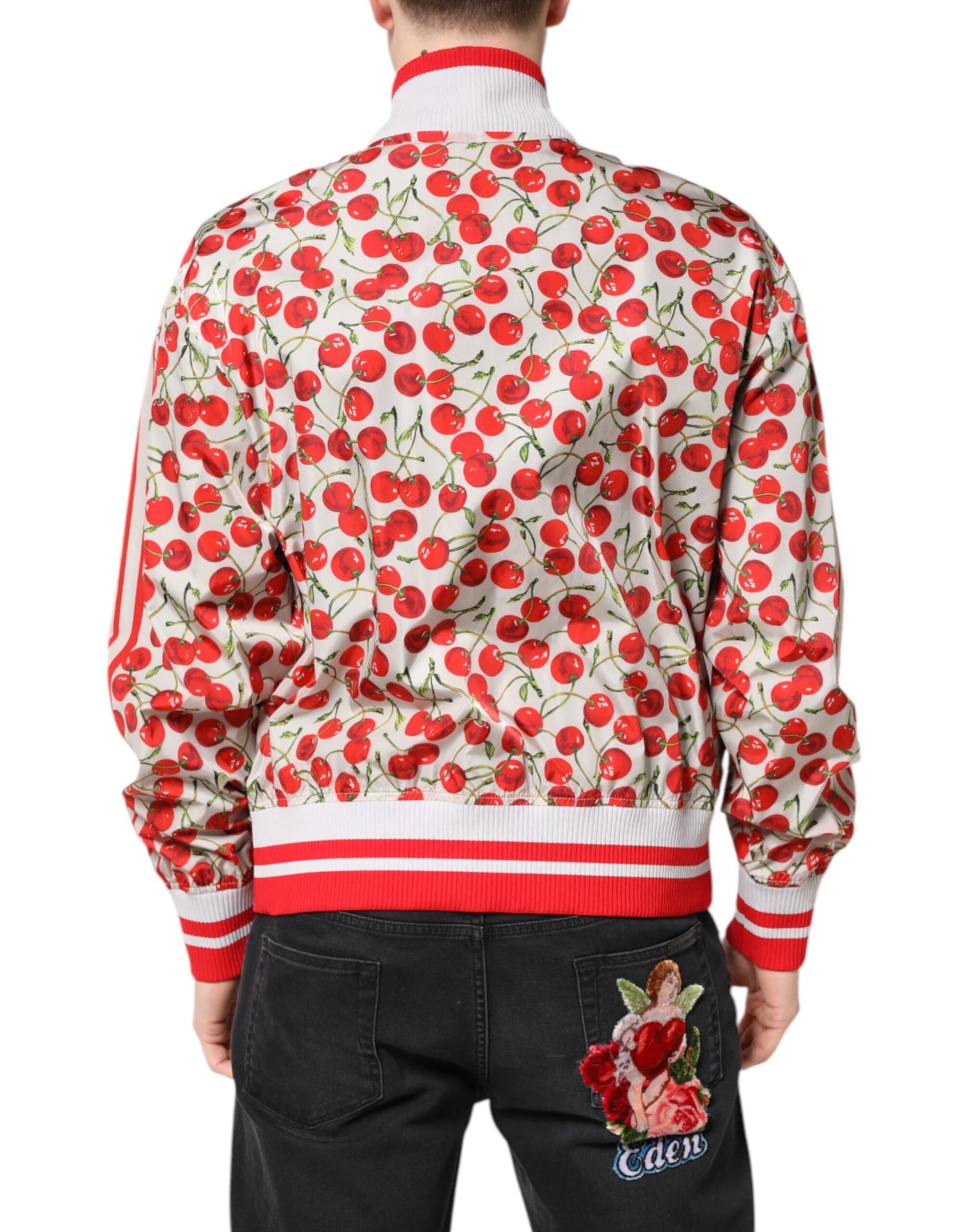 Dolce & Gabbana – Bomberjacke mit durchgehendem Reißverschluss und Kirschen-Print in Weiß