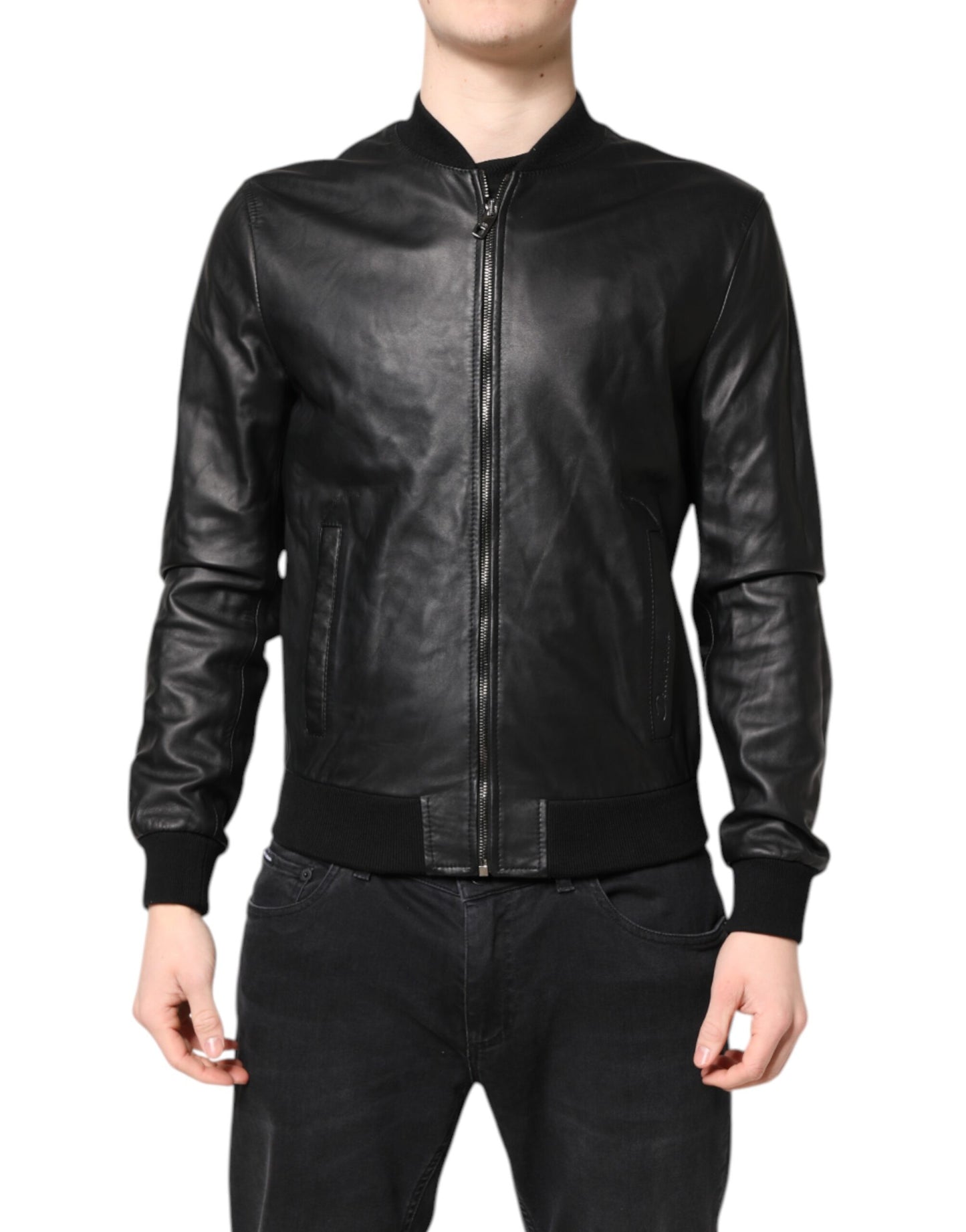 Dolce & Gabbana – Schwarze Bikerjacke aus Lammleder mit durchgehendem Reißverschluss