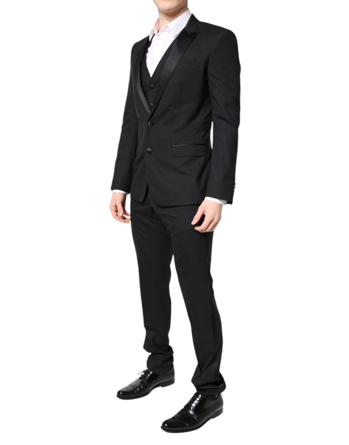 Dolce & Gabbana – Schwarzer, einreihiger, dreiteiliger Anzug aus Wolle
