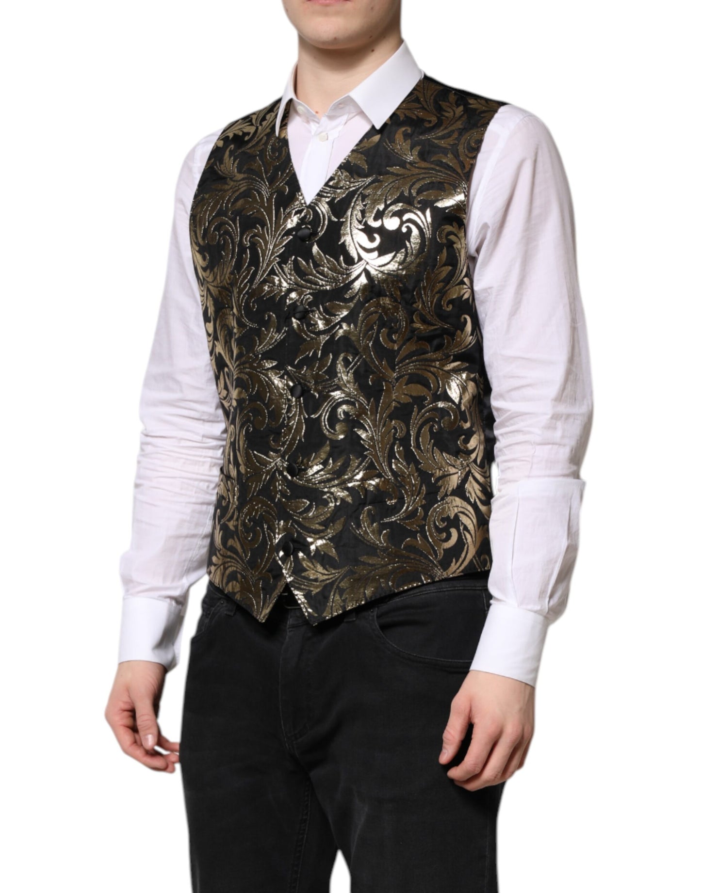 Dolce & Gabbana Schwarz Gold Jacquard Formelle Herren Weste
