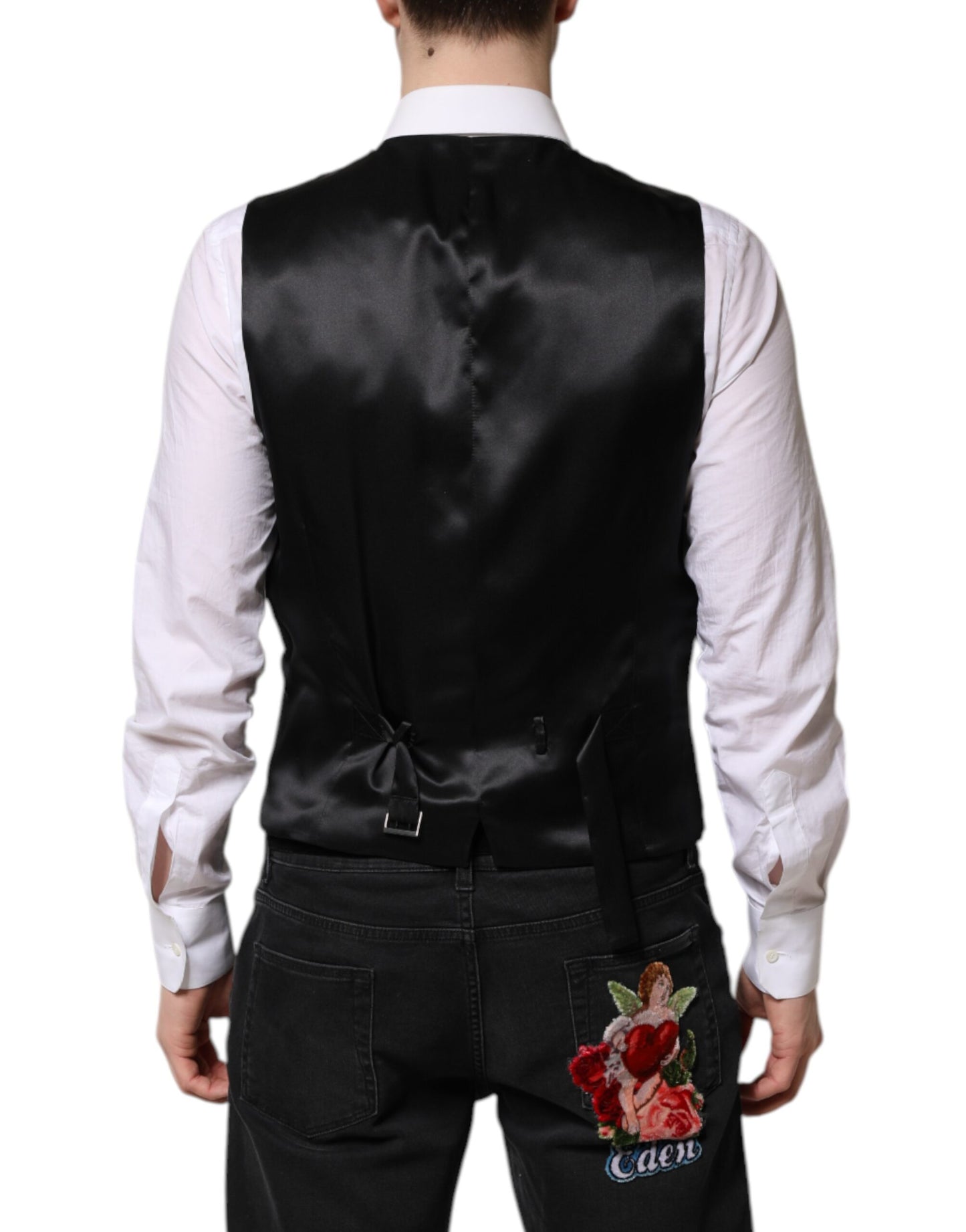 Dolce & Gabbana Schwarz Gold Jacquard Formelle Herren Weste